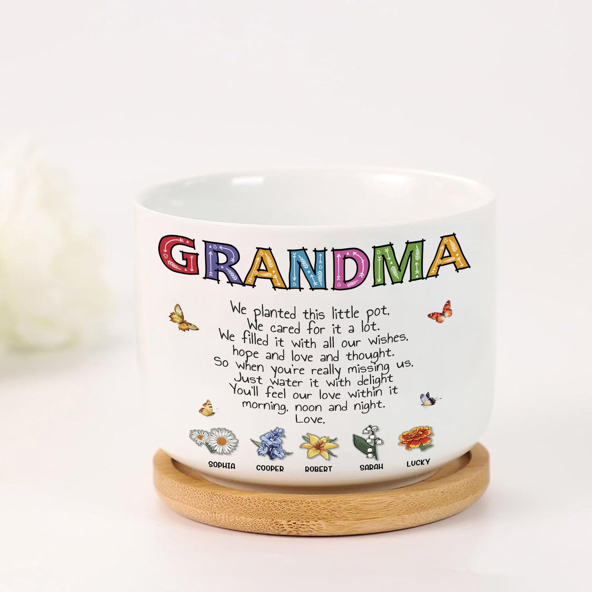 We Planted This Little Pot - Sentimental Personalized Gift for Grandma Birth Month Flowers Ceramic Plant Pot with Bamboo Tray