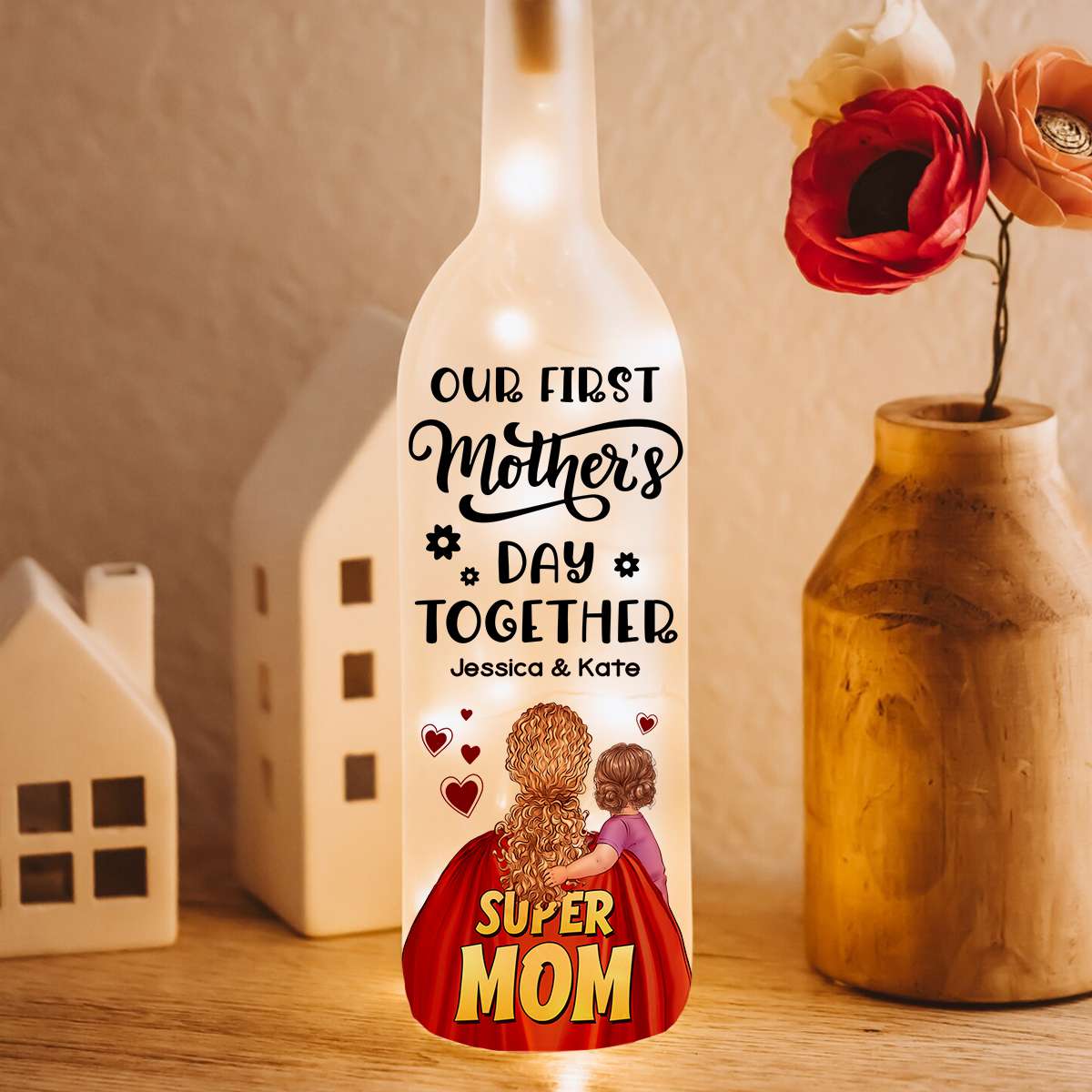 Super Mom Personalized Bottle Lamp - Custom Mother & Child with Names First Mother's Day Gifts