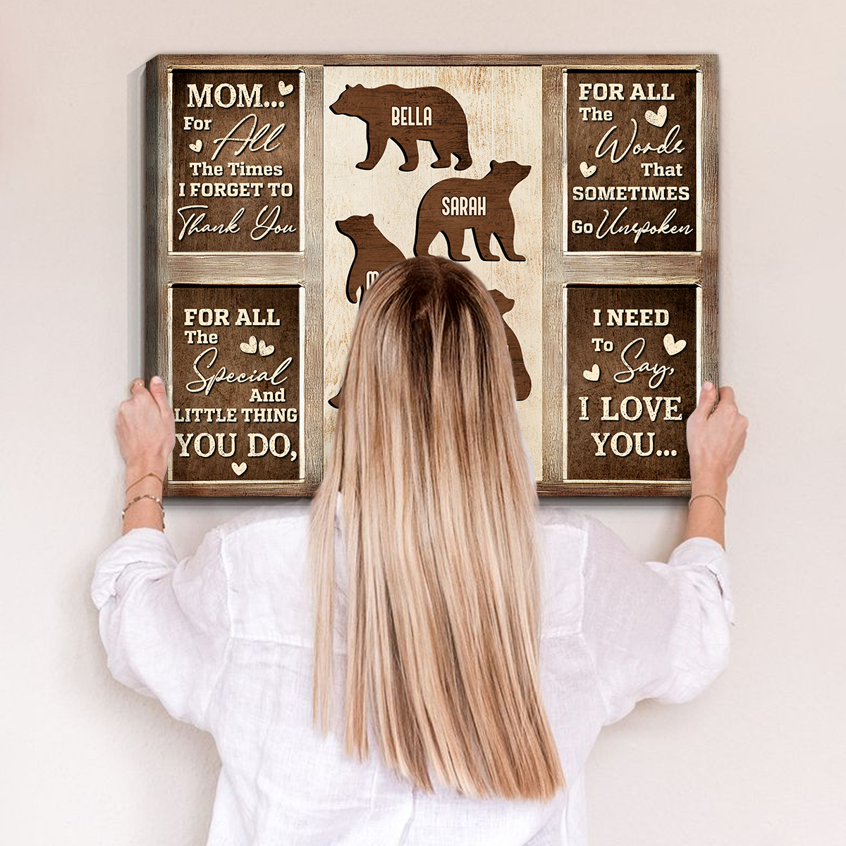 Personalized Gift for Mother’s Day Mom Bear Family Custom Names Canvas Wall Art