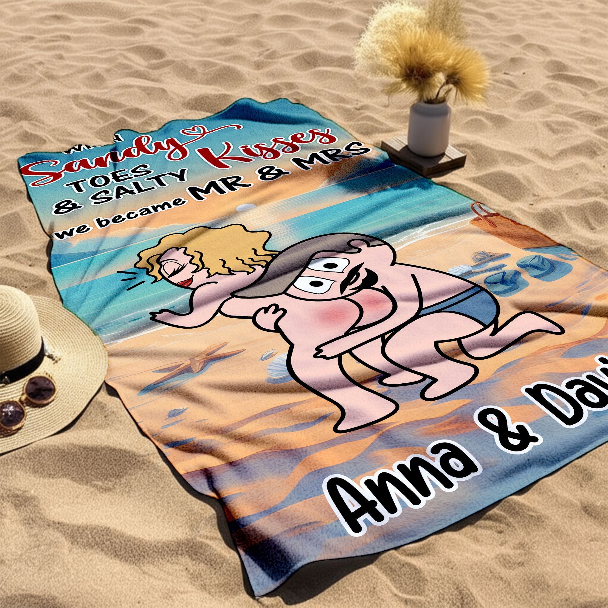 With Sandy Toes & Salty Kisses - Personalized Couple Beach Towel with Custom Names