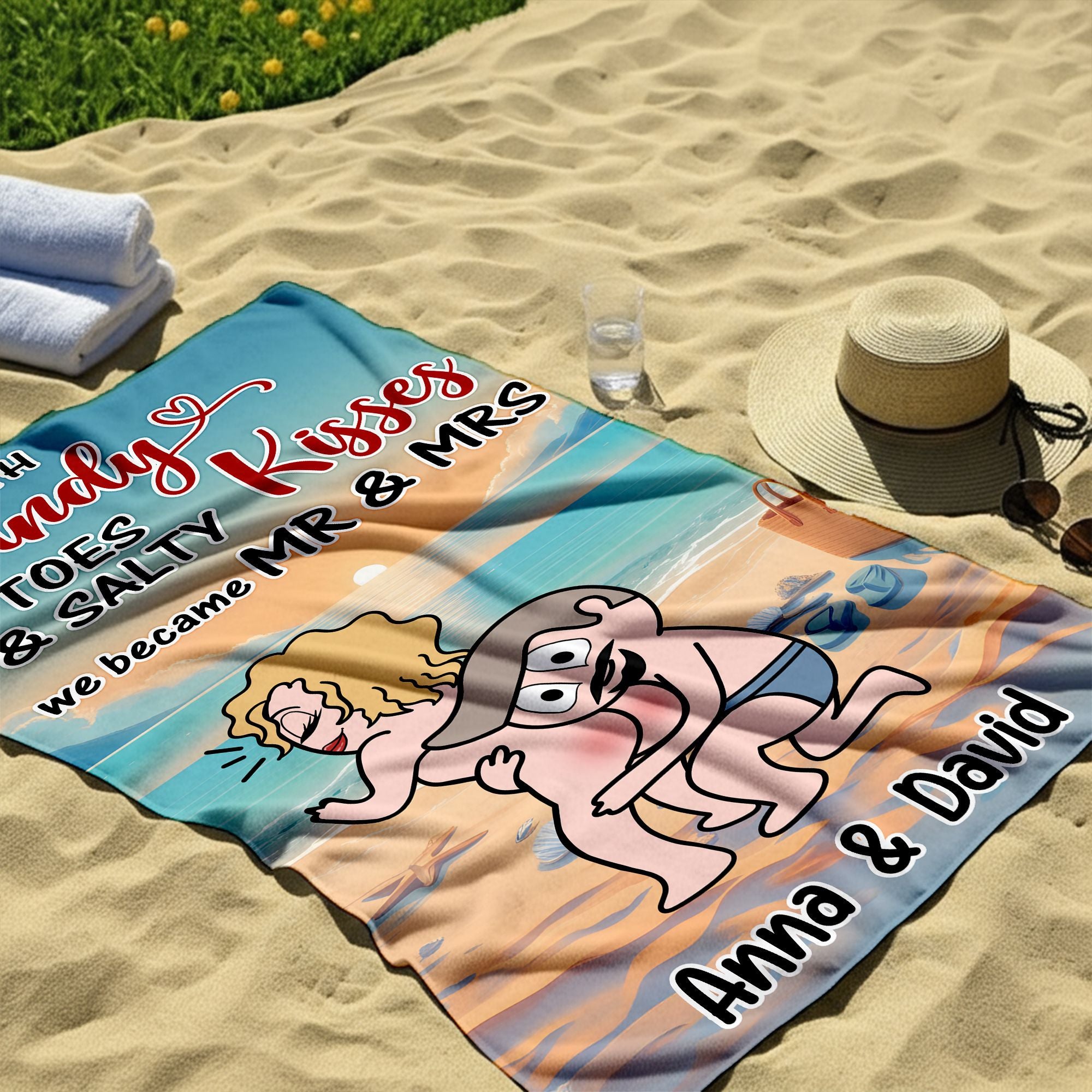 With Sandy Toes & Salty Kisses - Personalized Couple Beach Towel with Custom Names