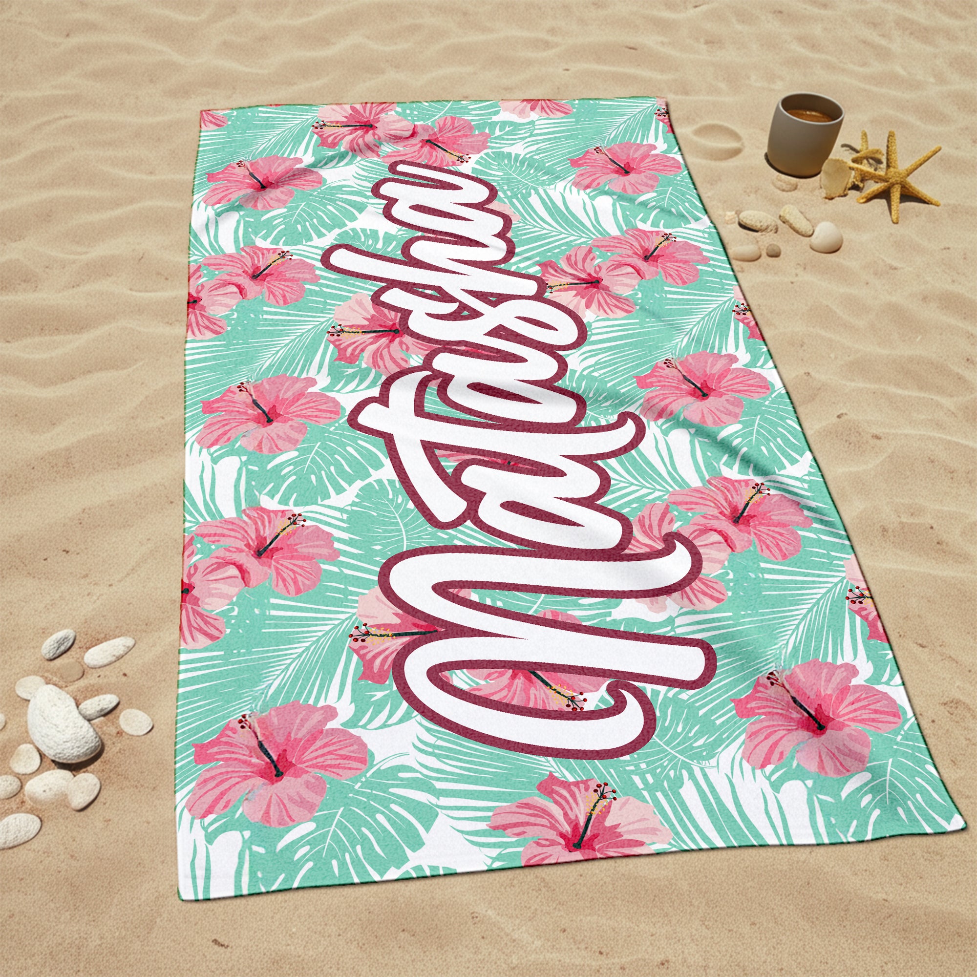 Summer Vibes Custom Name Tropical Pattern Personalized Microfiber Beach Towel
