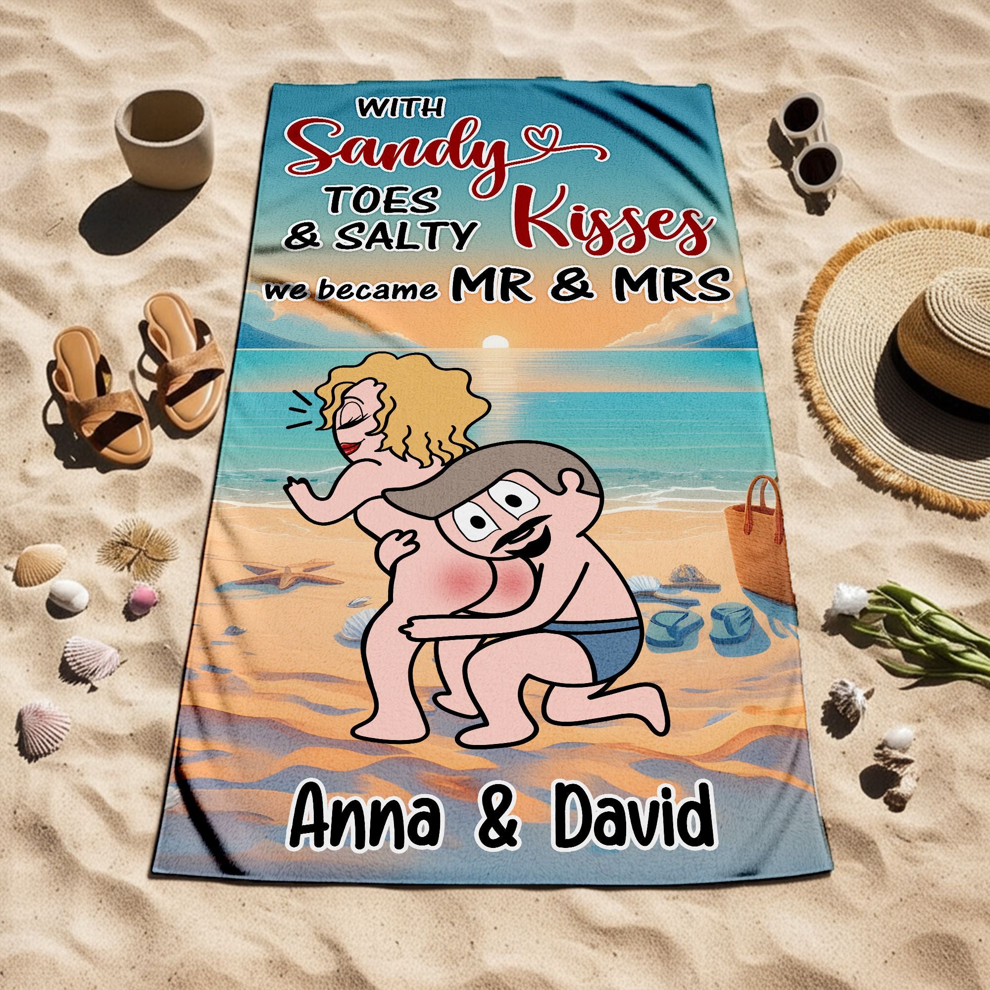 With Sandy Toes & Salty Kisses - Personalized Couple Beach Towel with Custom Names