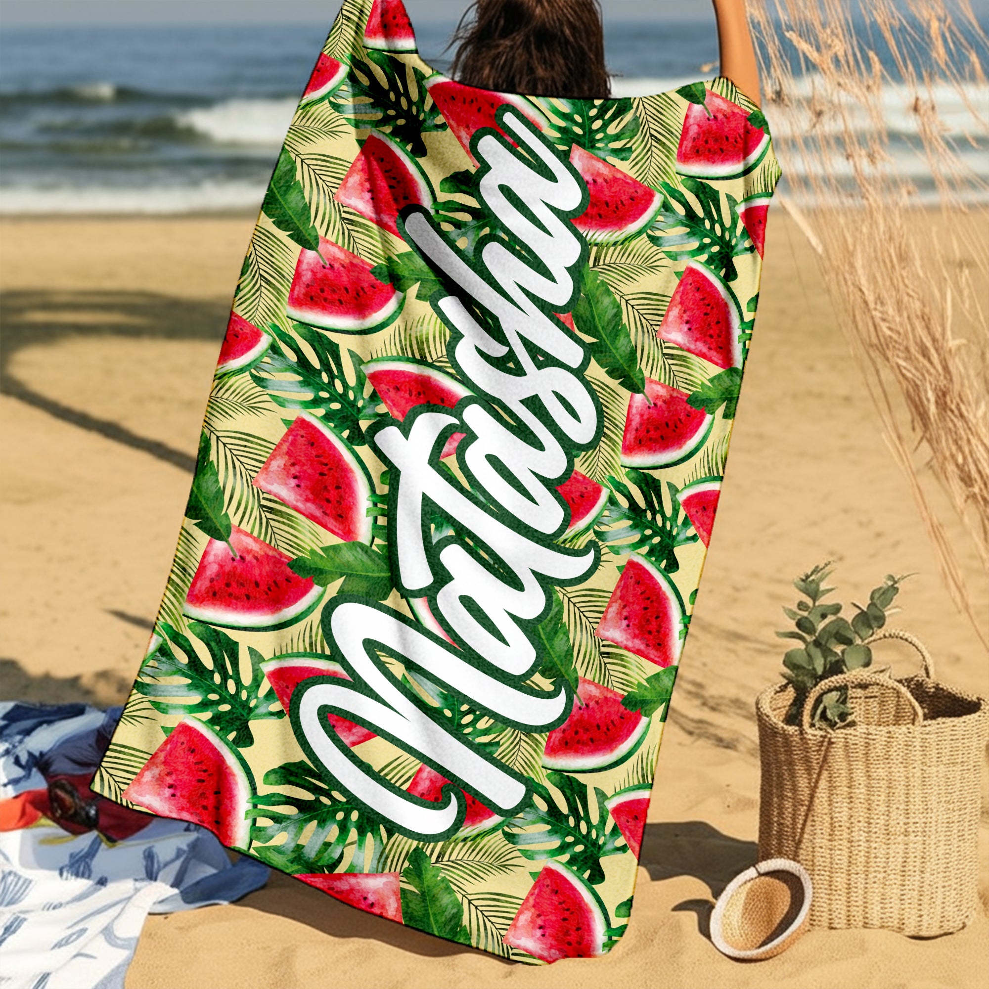 Summer Vibes Custom Name Tropical Pattern Personalized Microfiber Beach Towel