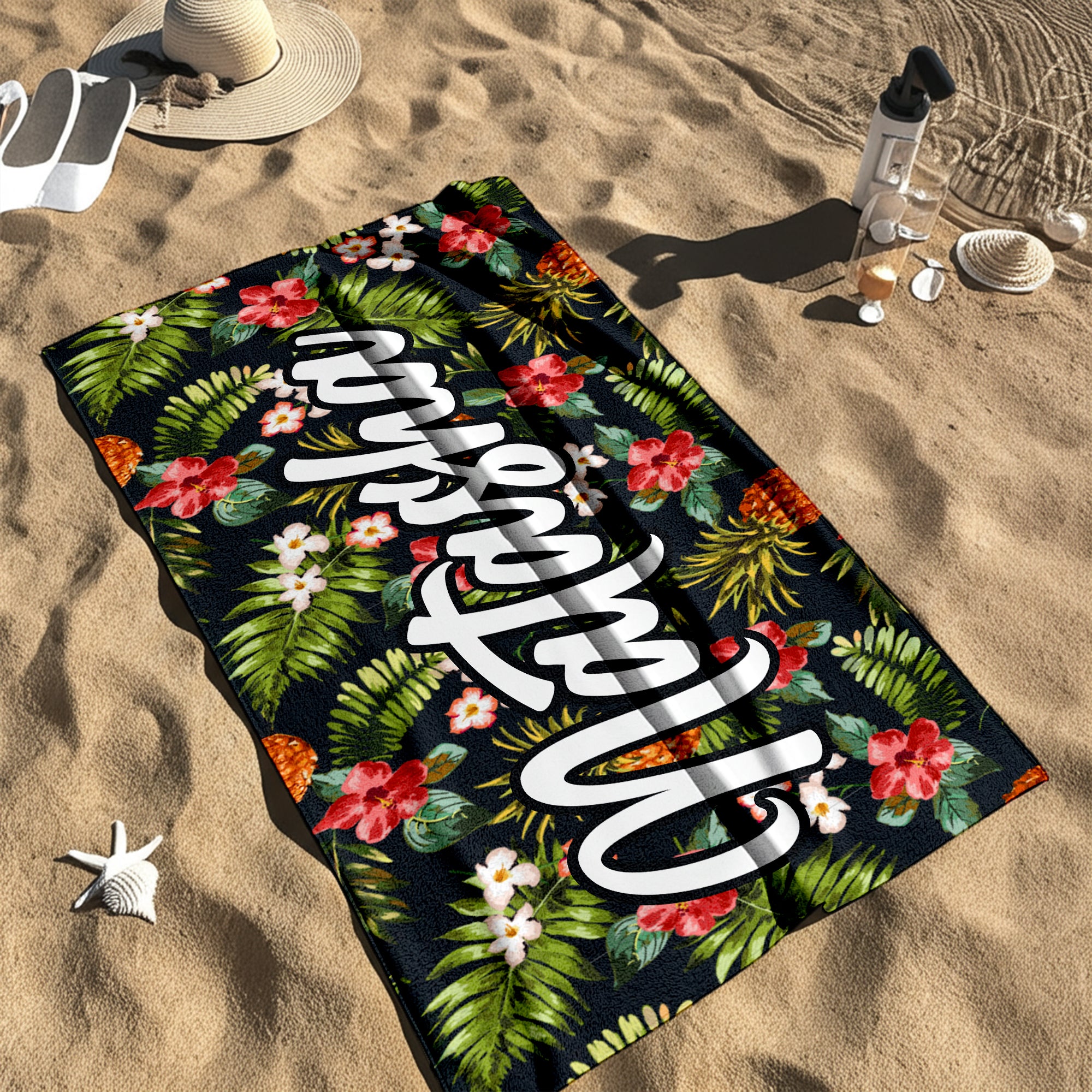 Summer Vibes Custom Name Tropical Pattern Personalized Microfiber Beach Towel