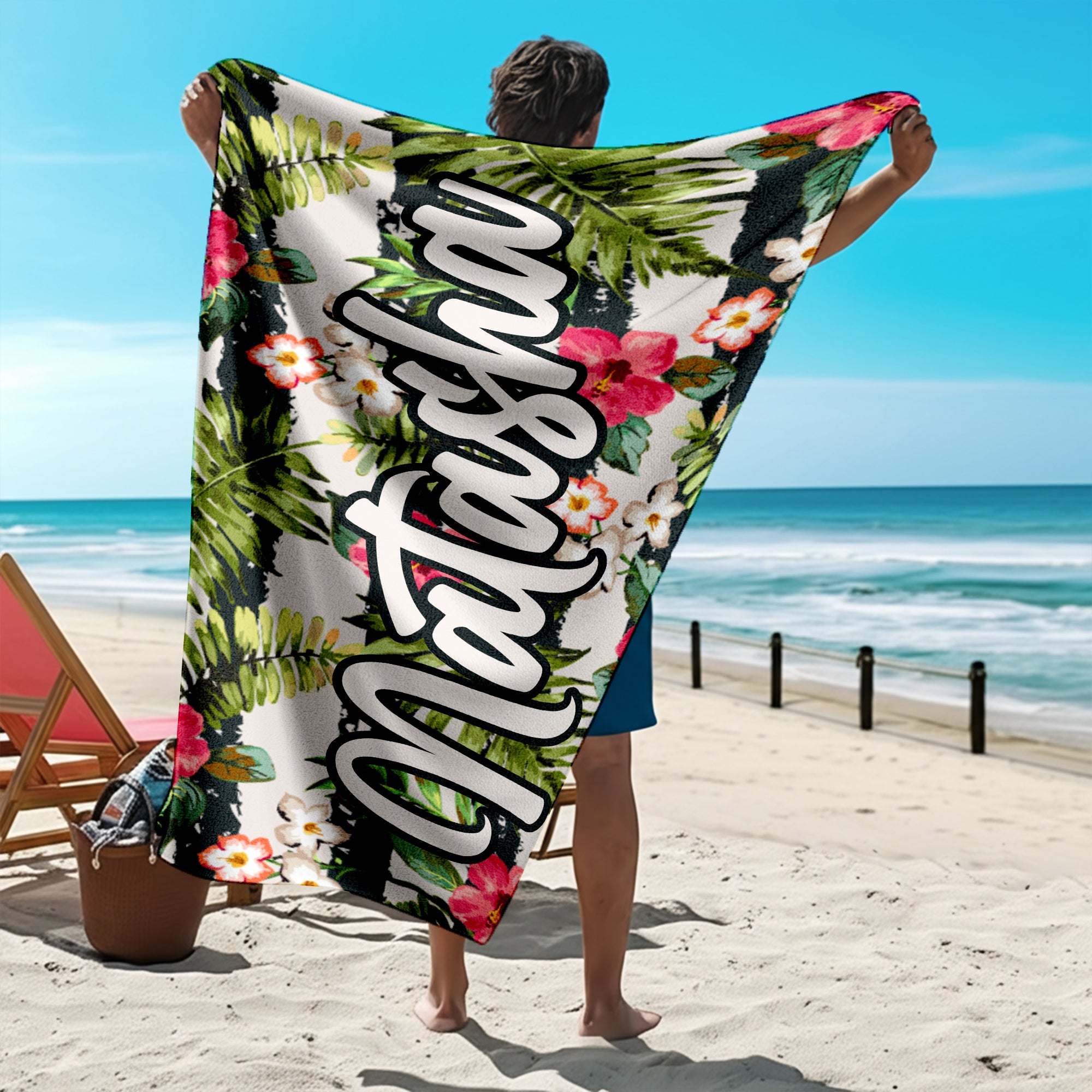 Summer Vibes Custom Name Tropical Pattern Personalized Microfiber Beach Towel
