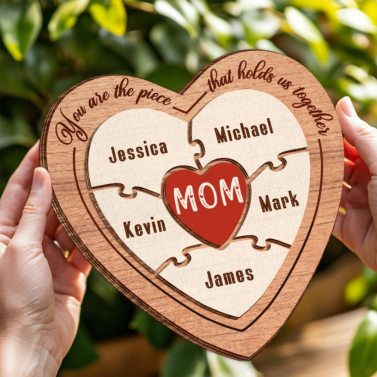 Personalized Gift for Mother’s Day Heart Puzzle Custom Names Wooden Plaque