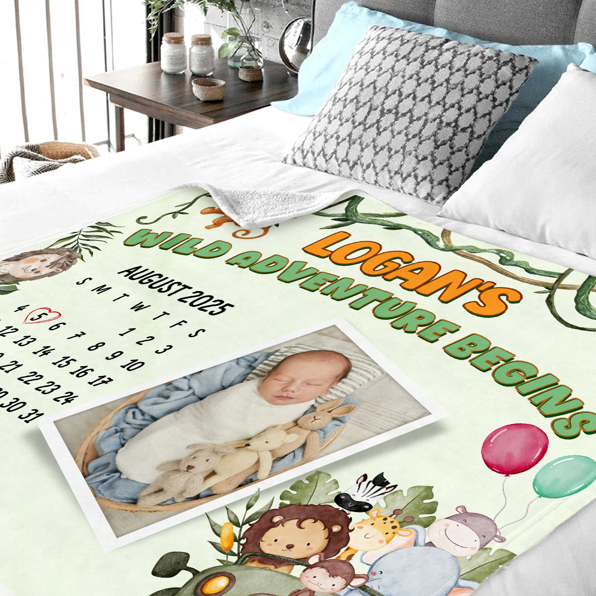 Wild Adventure Begins - Personalized Gift for Baby Safari Theme Custom Name And Date Fleece Blanket