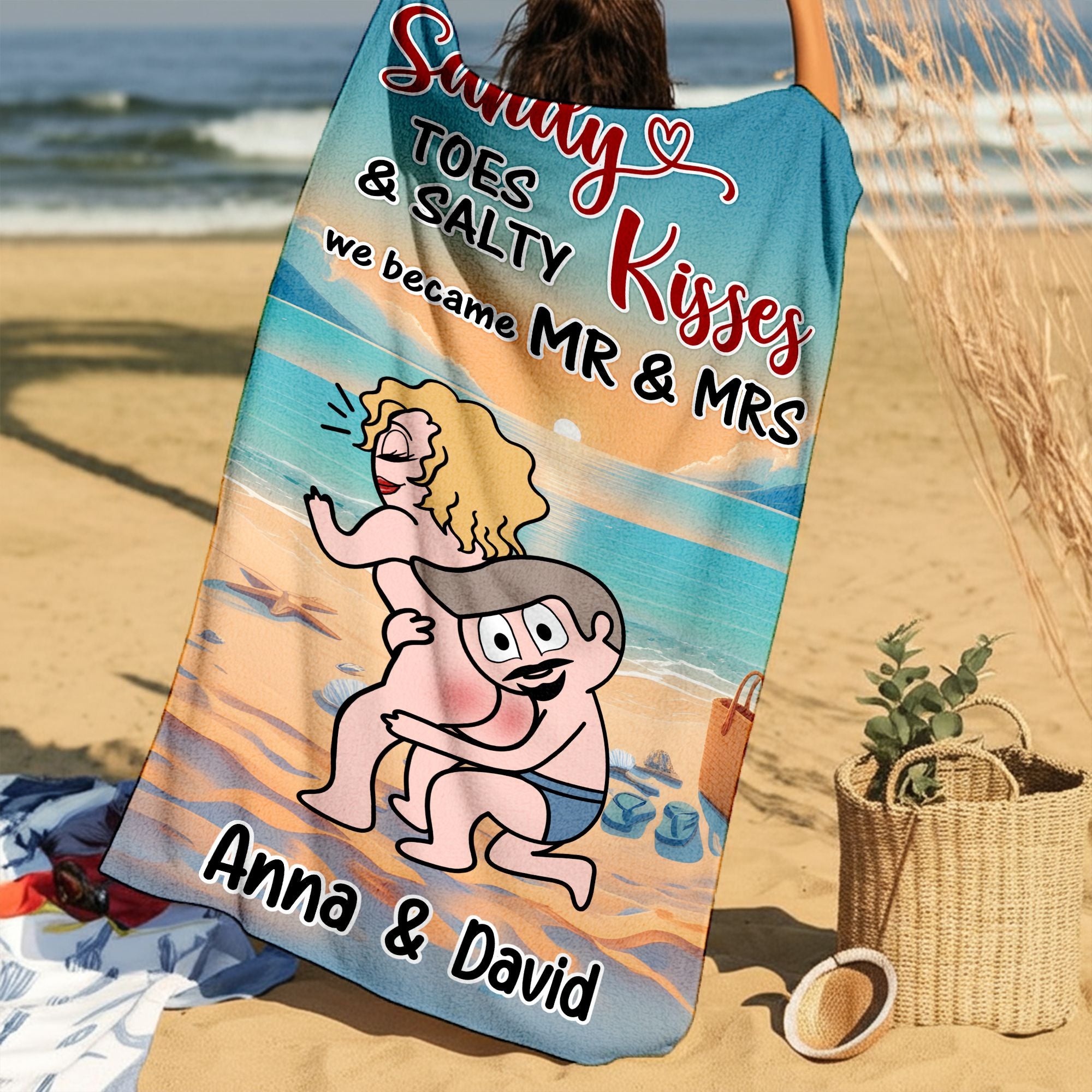 With Sandy Toes & Salty Kisses - Personalized Couple Beach Towel with Custom Names