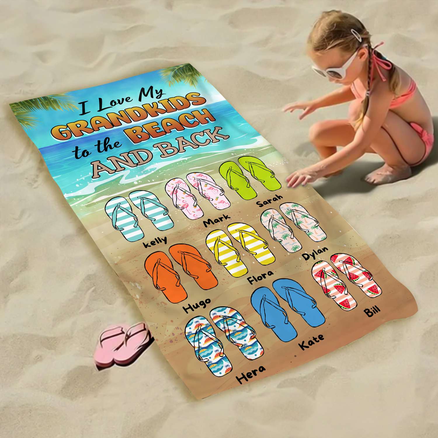 Love My Grandkids To the Beach and Back - Personalized Flip-Flops Beach Towel Gifts For Grandma