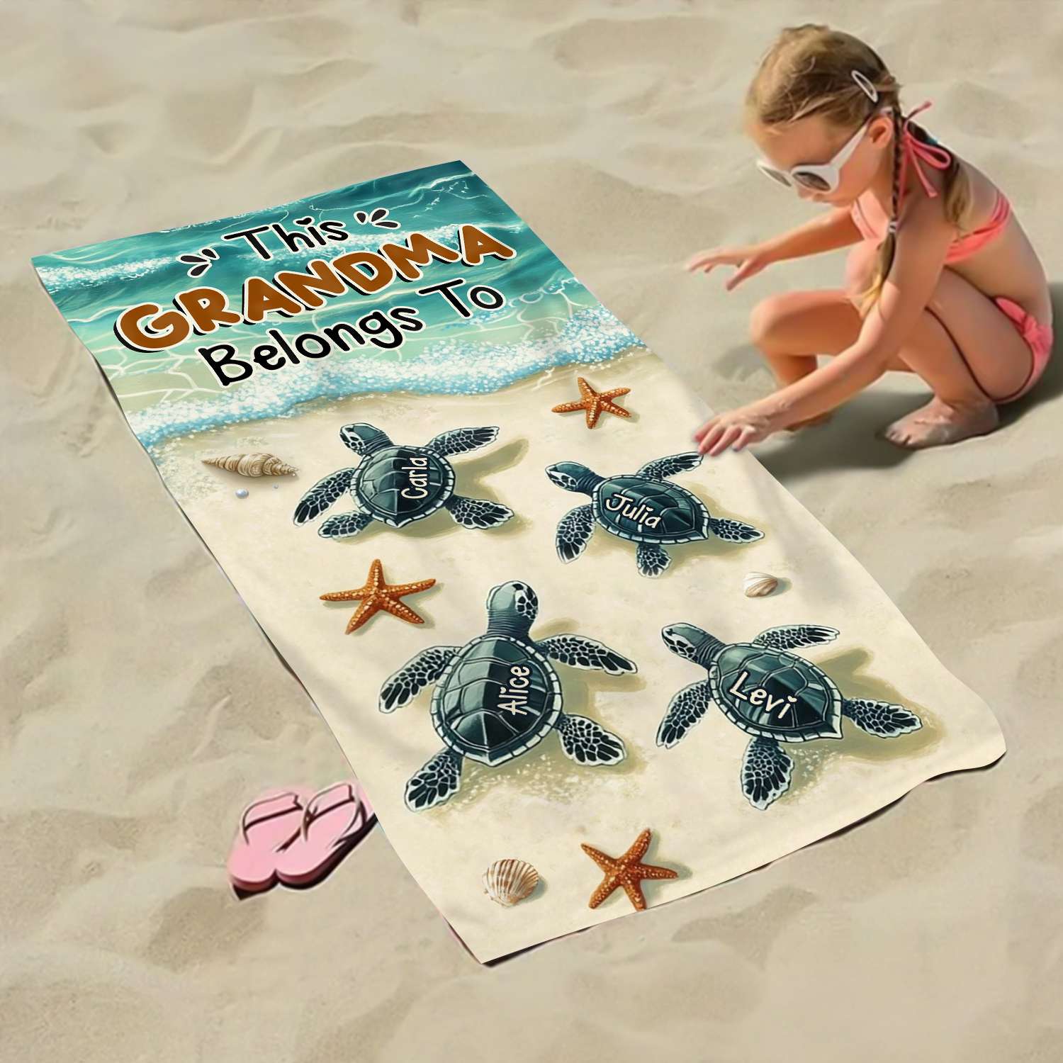 This Grandma Belongs To - Sea Turtle Family Personalized Beach Towel Gifts For Grandma