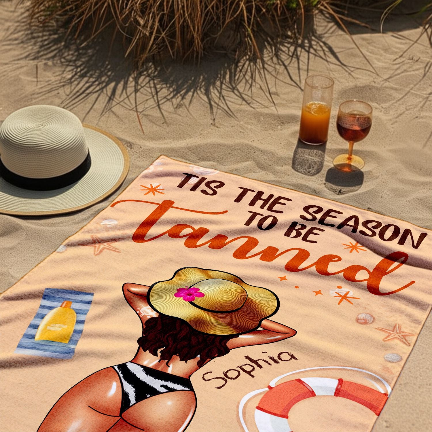 Tis The Season To Be Tanned - Personalized Beach Towel with Custom Summer Girl