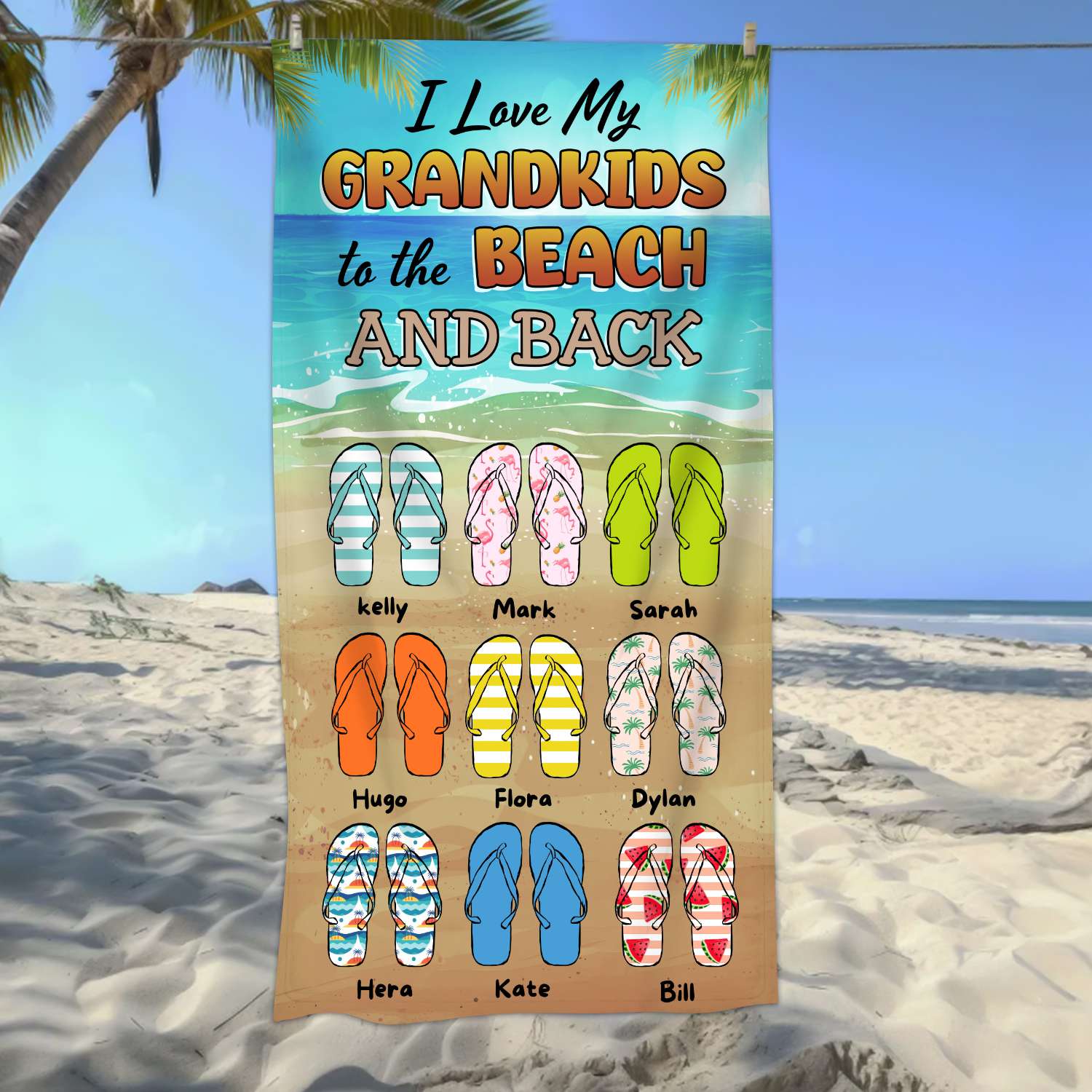 Love My Grandkids To the Beach and Back - Personalized Flip-Flops Beach Towel Gifts For Grandma