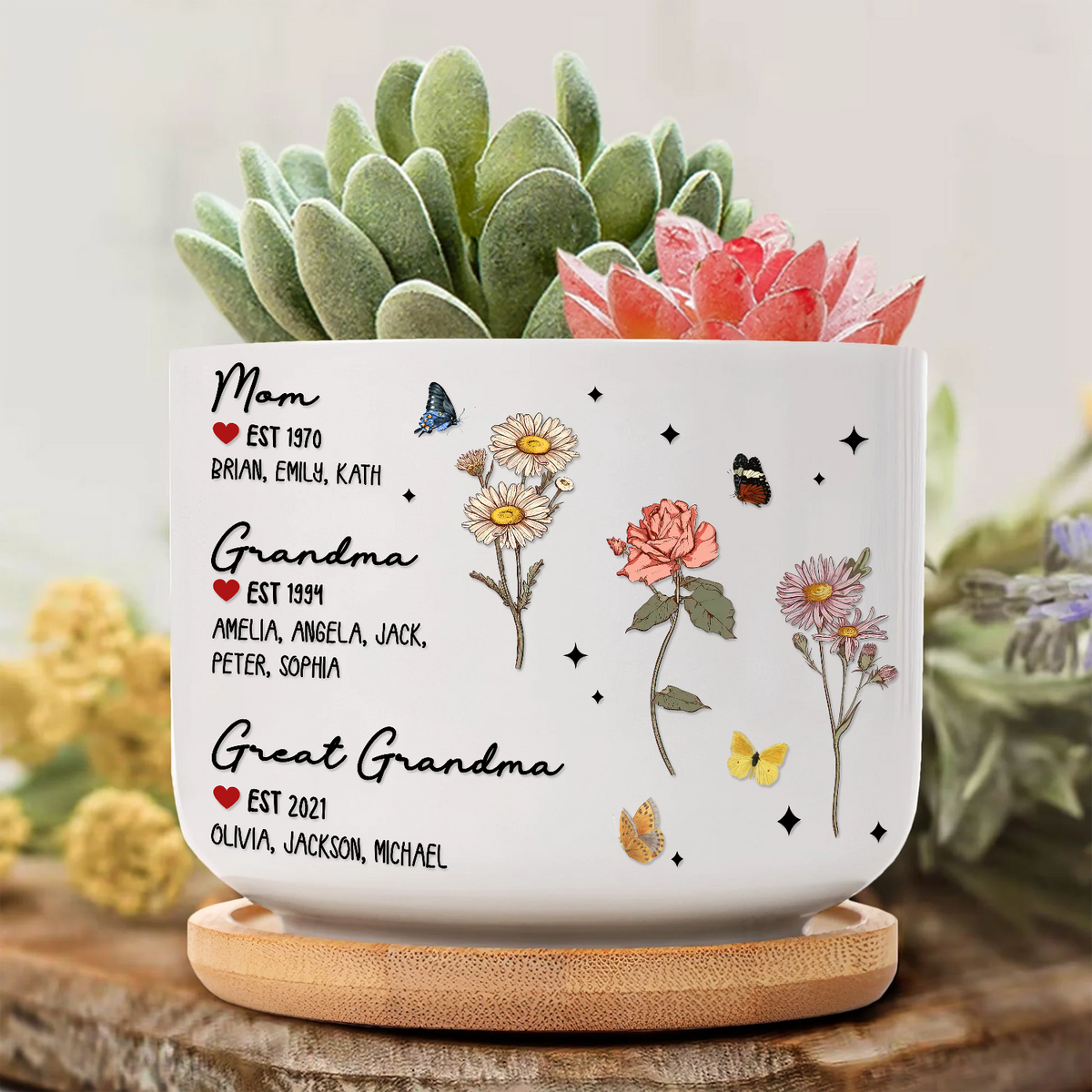 Mom, Grandma, Great Grandma – Personalized Mother’s Day Gift Birth Month Flower One Ceramic Plant Pot with Bamboo Tray