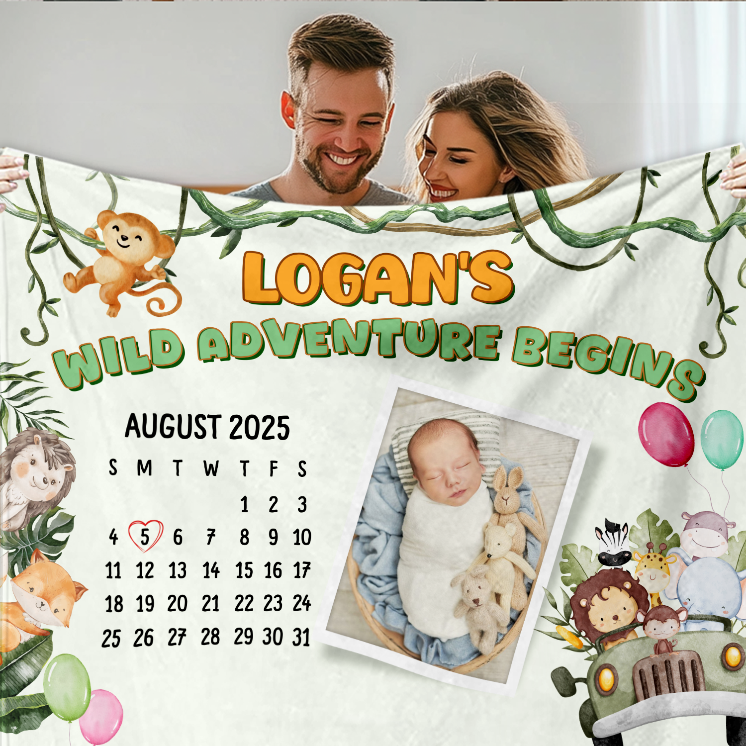 Wild Adventure Begins - Personalized Gift for Baby Safari Theme Custom Name And Date Fleece Blanket