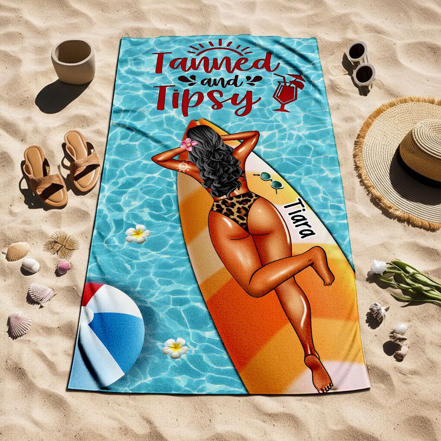 Tanned and Tipsy - Personalized Beach Towel with Custom Name - Birthday, Funny Gift For Her, Him, Besties, Family