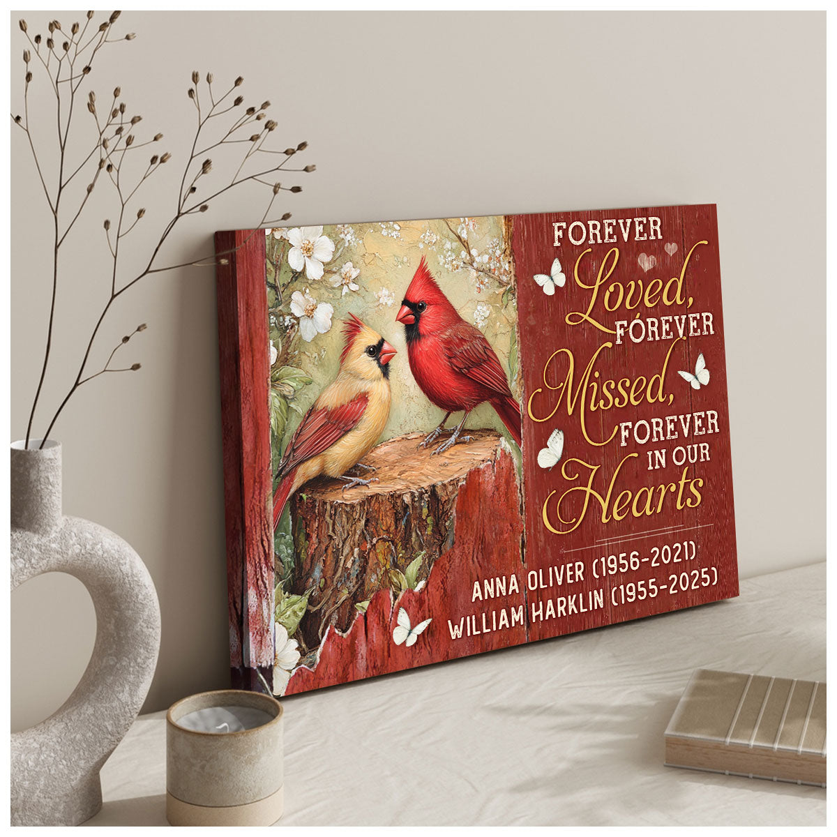 Forever Loved, Forever Missed - Couple of Cardinals Personalized Memorial Gift For Loss Of Loved Ones Custom Name Canvas Print