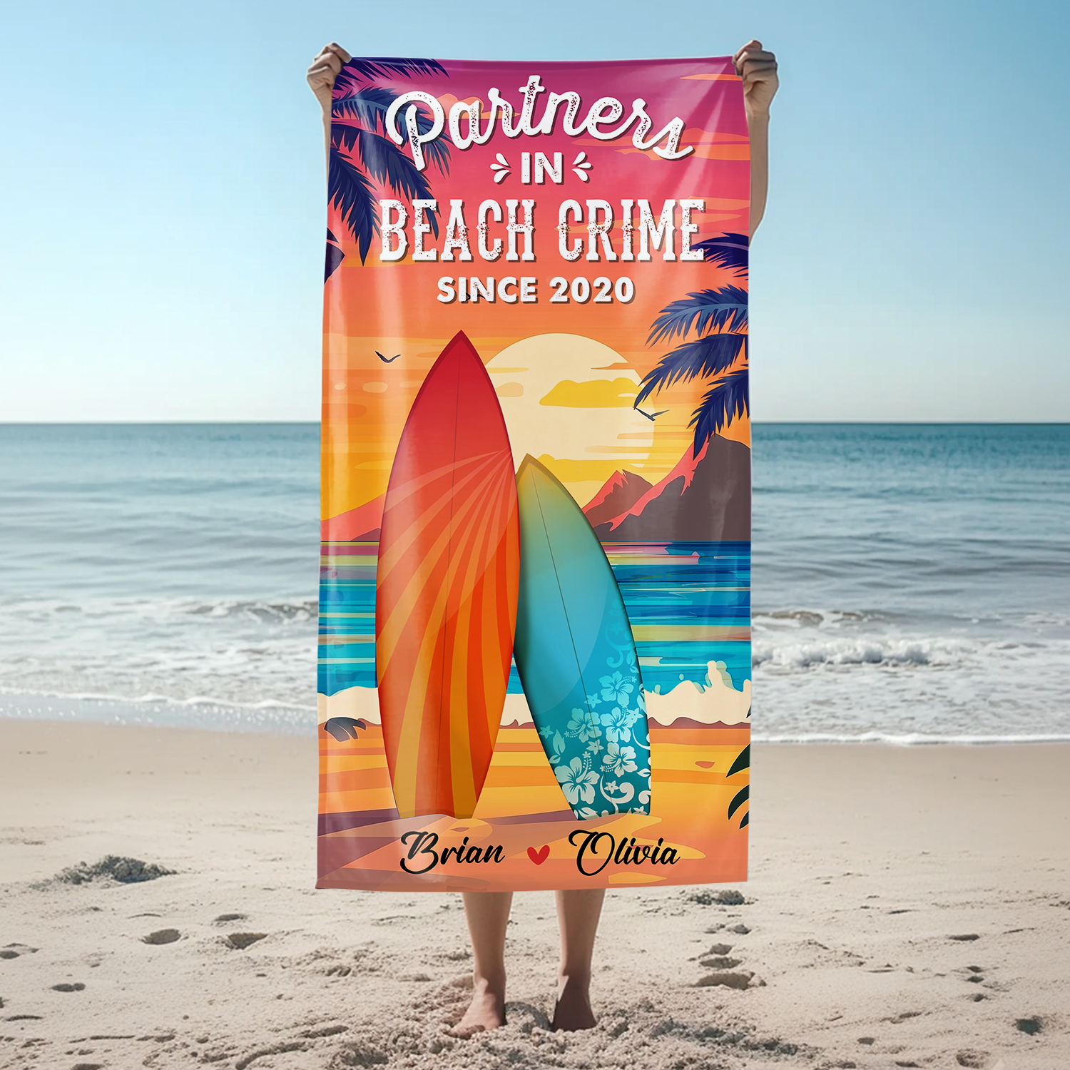 "Partners in Beach Crime" Beach Towel - Summer Vacation Gift, Birthday Pool Party Gift For Girlfriend/Boyfriend, Lovers, Husband/Wife