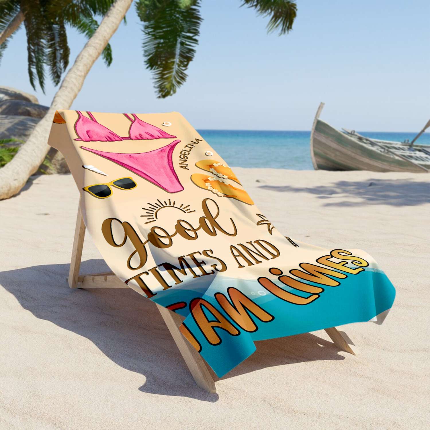 Good Times and Tan Lines - Personalized Beach Towel with Custom Name and Bikini Color