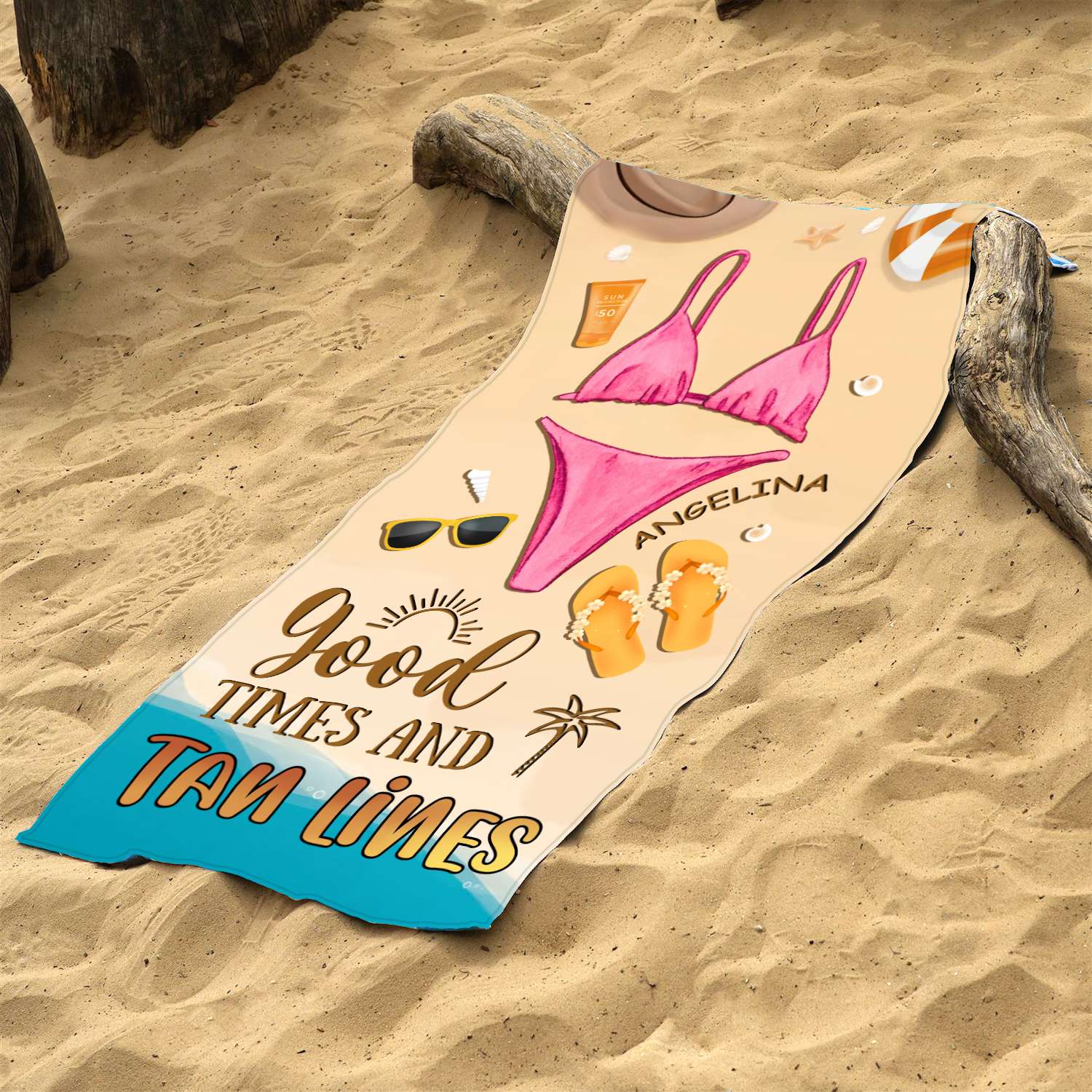 Good Times and Tan Lines - Personalized Beach Towel with Custom Name and Bikini Color