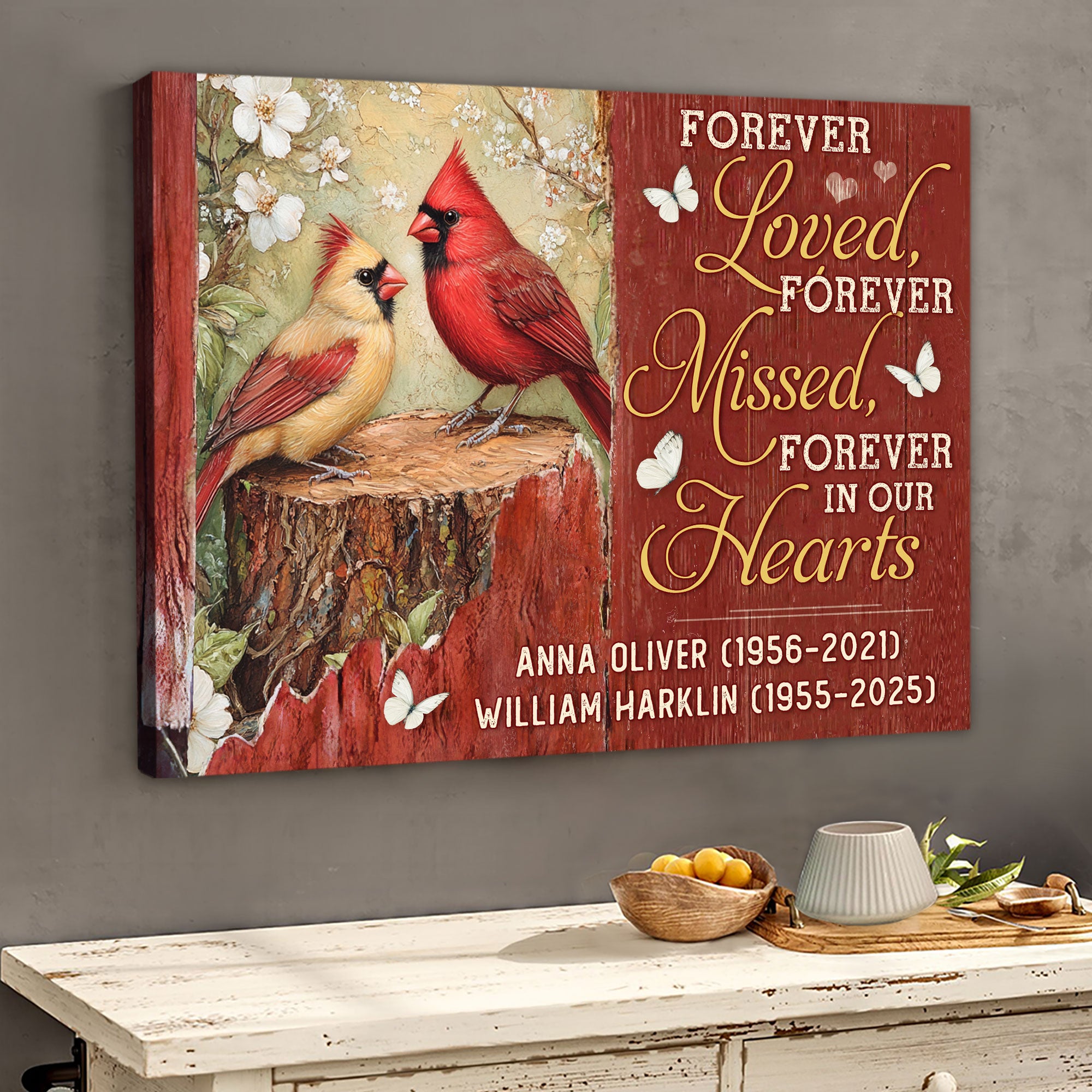 Forever Loved, Forever Missed - Couple of Cardinals Personalized Memorial Gift For Loss Of Loved Ones Custom Name Canvas Print