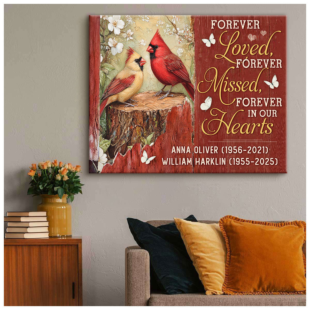 Forever Loved, Forever Missed - Couple of Cardinals Personalized Memorial Gift For Loss Of Loved Ones Custom Name Canvas Print