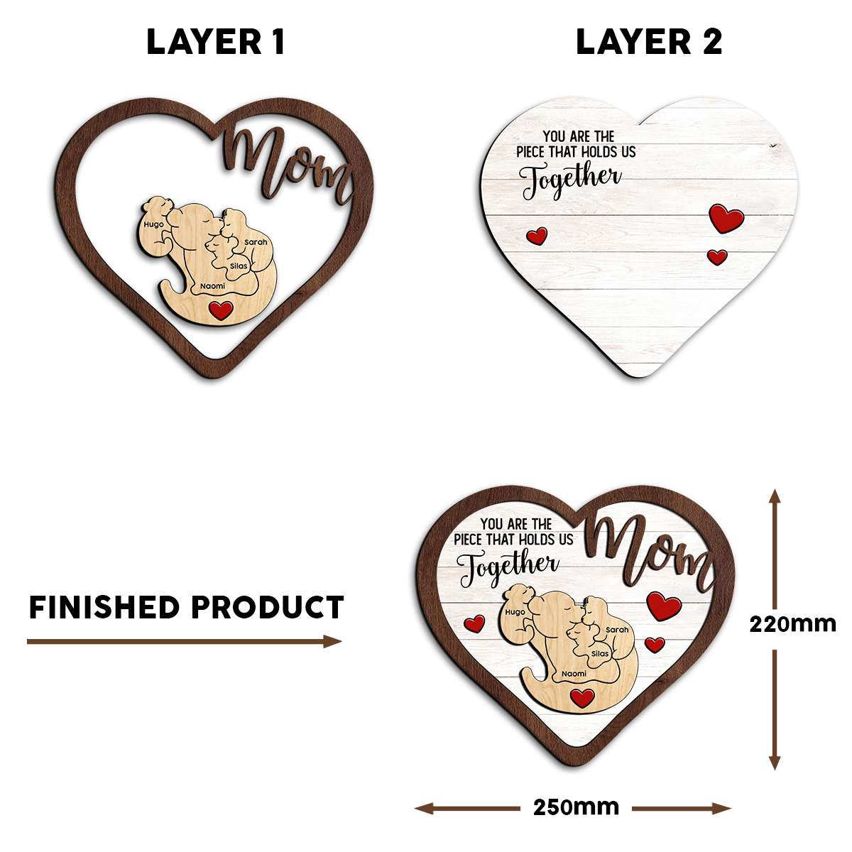 Personalized Heart-Shaped Wooden Sign Custom Names with 3D Bear Family Design