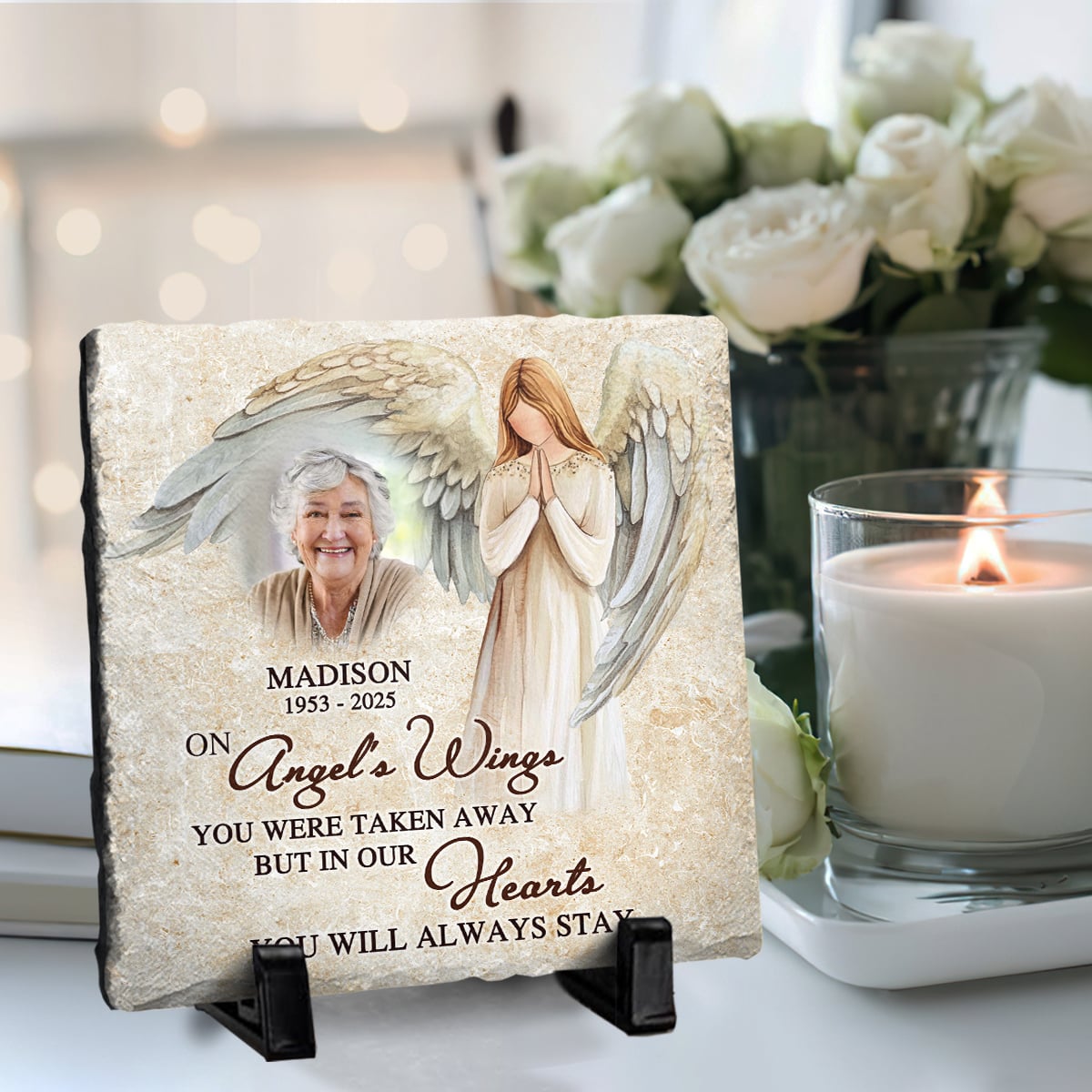 On Angel’s Wings You Were Taken Away - Personalized Memorial Stone Custom Photo And Name Tribute Gift