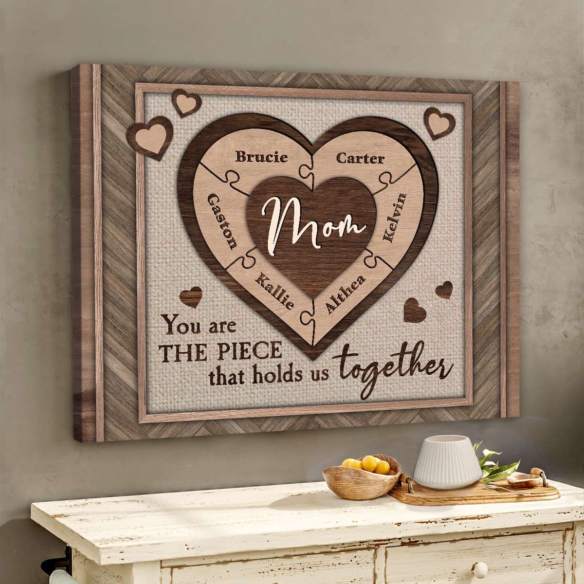 The Piece That Holds Us Together - Custom Names Heart Puzzle Personalized Canvas Gifts For Mother