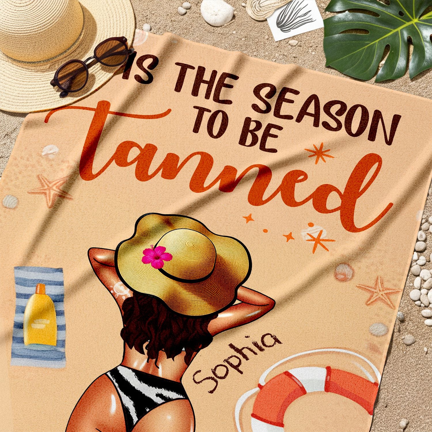 Tis The Season To Be Tanned - Personalized Beach Towel with Custom Summer Girl