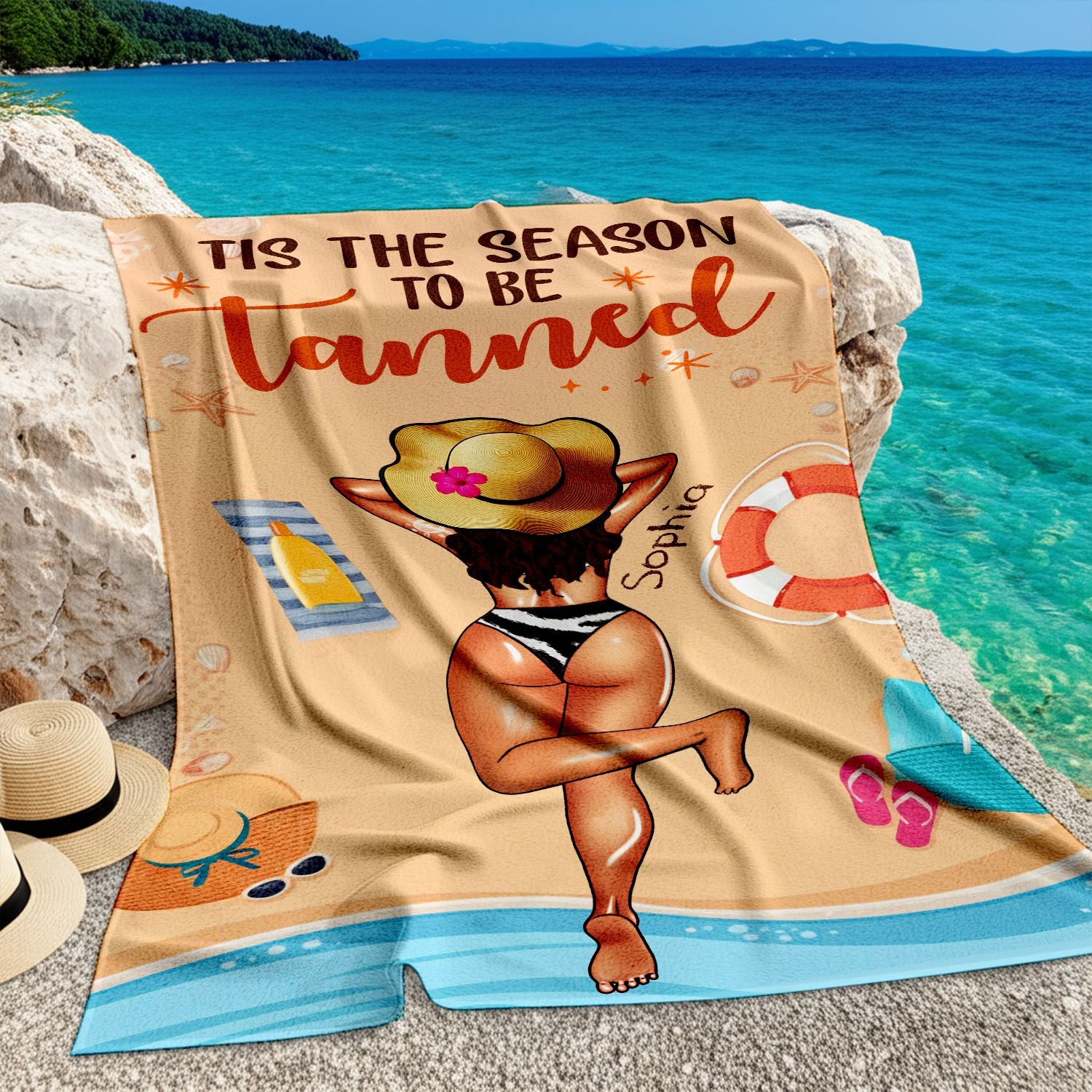 Tis The Season To Be Tanned - Personalized Beach Towel with Custom Summer Girl