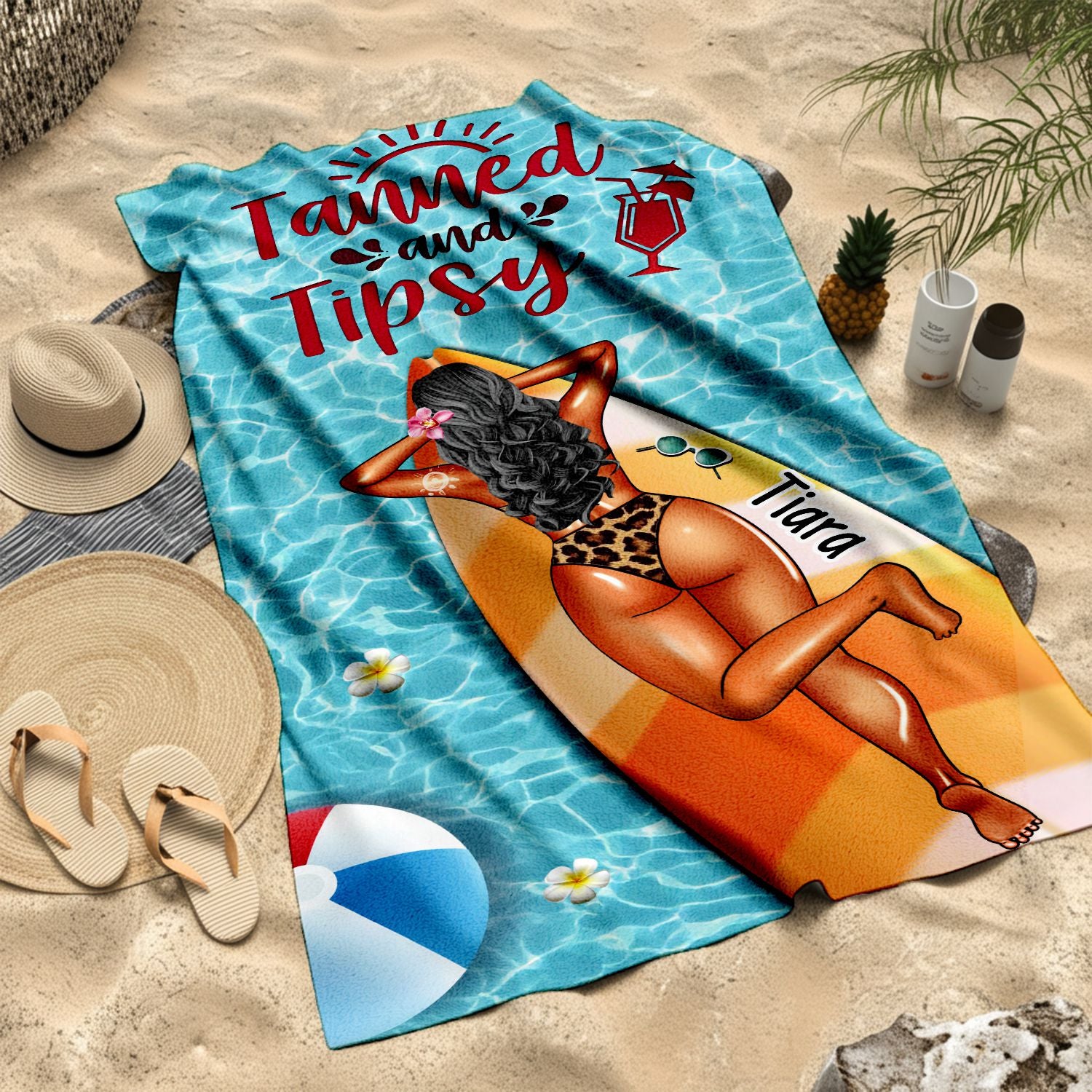 Tanned and Tipsy - Personalized Beach Towel with Custom Name - Birthday, Funny Gift For Her, Him, Besties, Family