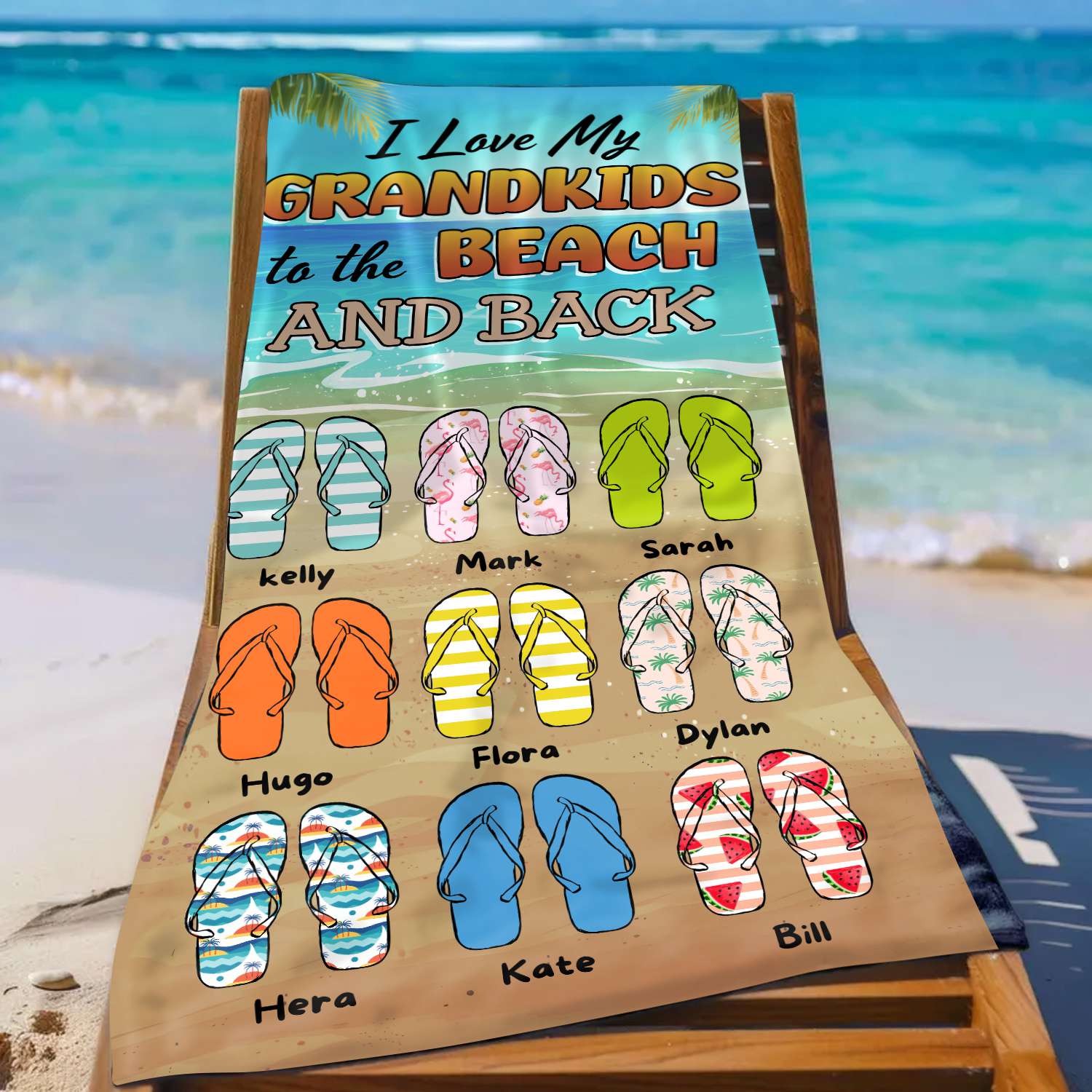 Love My Grandkids To the Beach and Back - Personalized Flip-Flops Beach Towel Gifts For Grandma