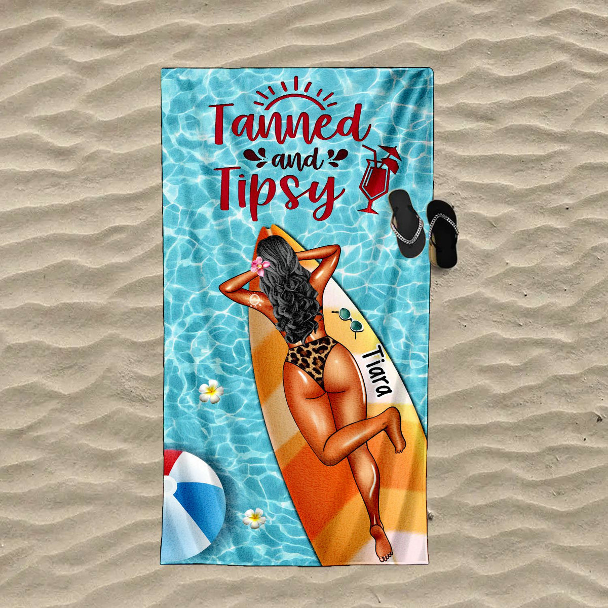 Tanned and Tipsy - Personalized Beach Towel with Custom Name - Birthday, Funny Gift For Her, Him, Besties, Family