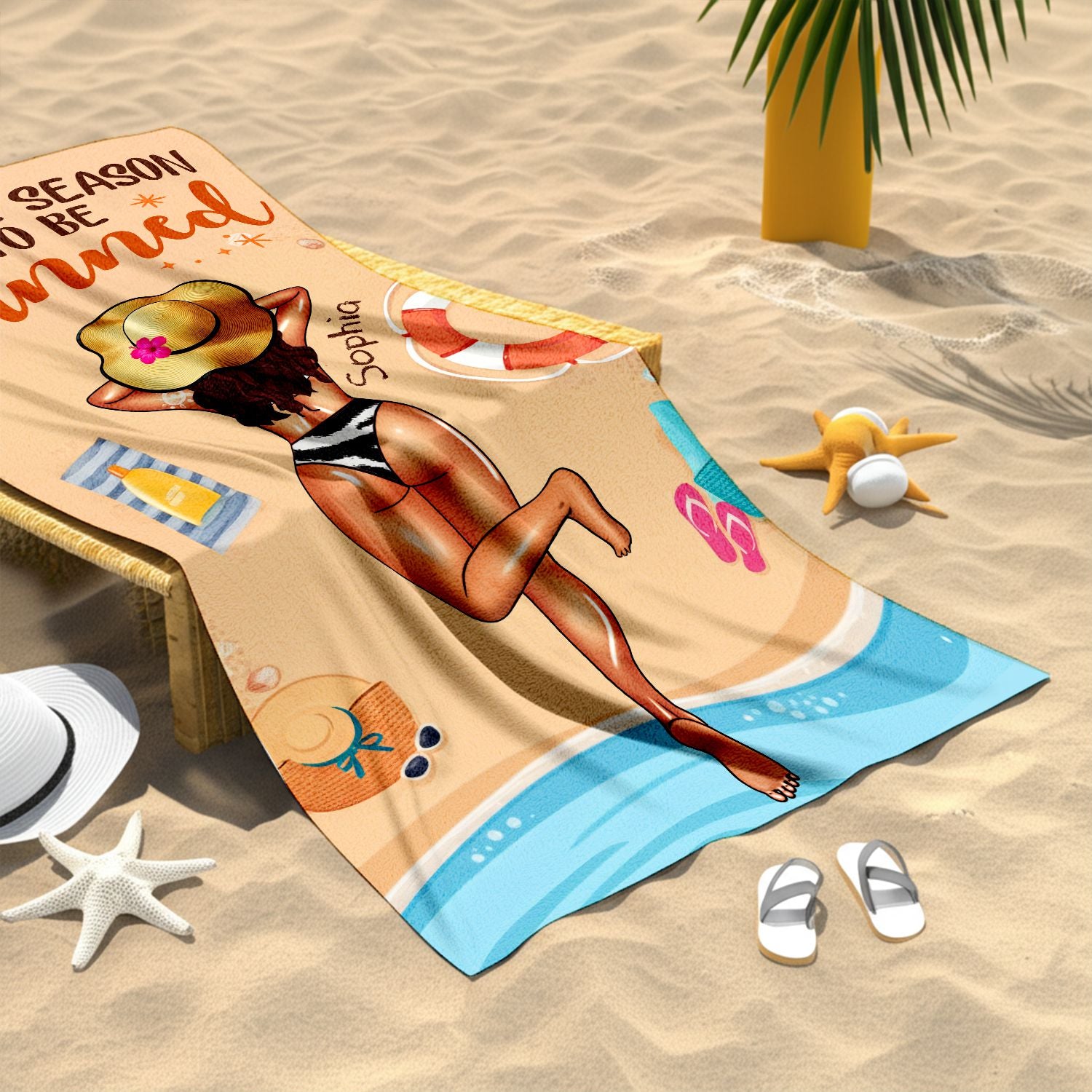 Tis The Season To Be Tanned - Personalized Beach Towel with Custom Summer Girl