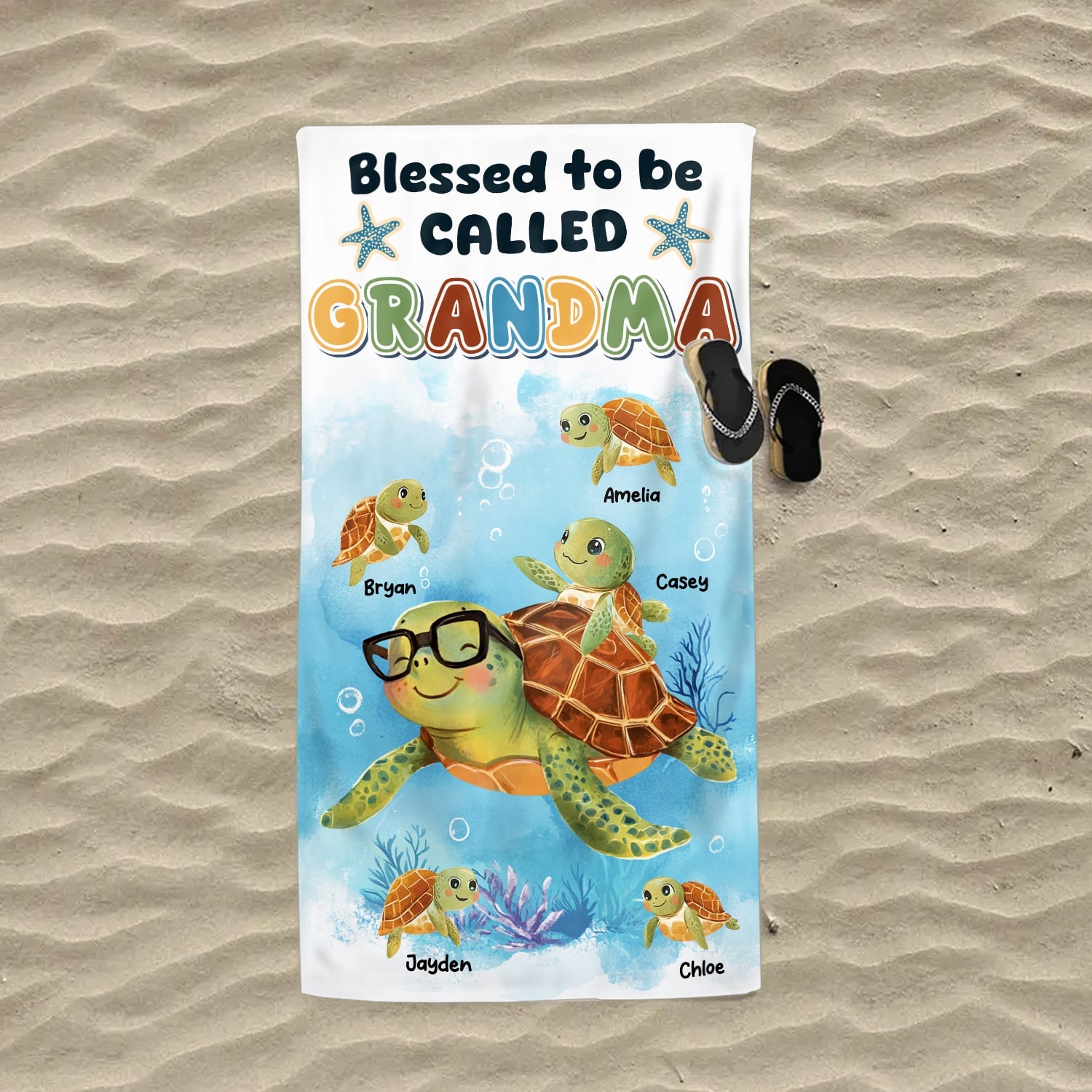 Blessed To Be Called Grandma - Personalized Sea Turtle Beach Towel Gifts For Grandma