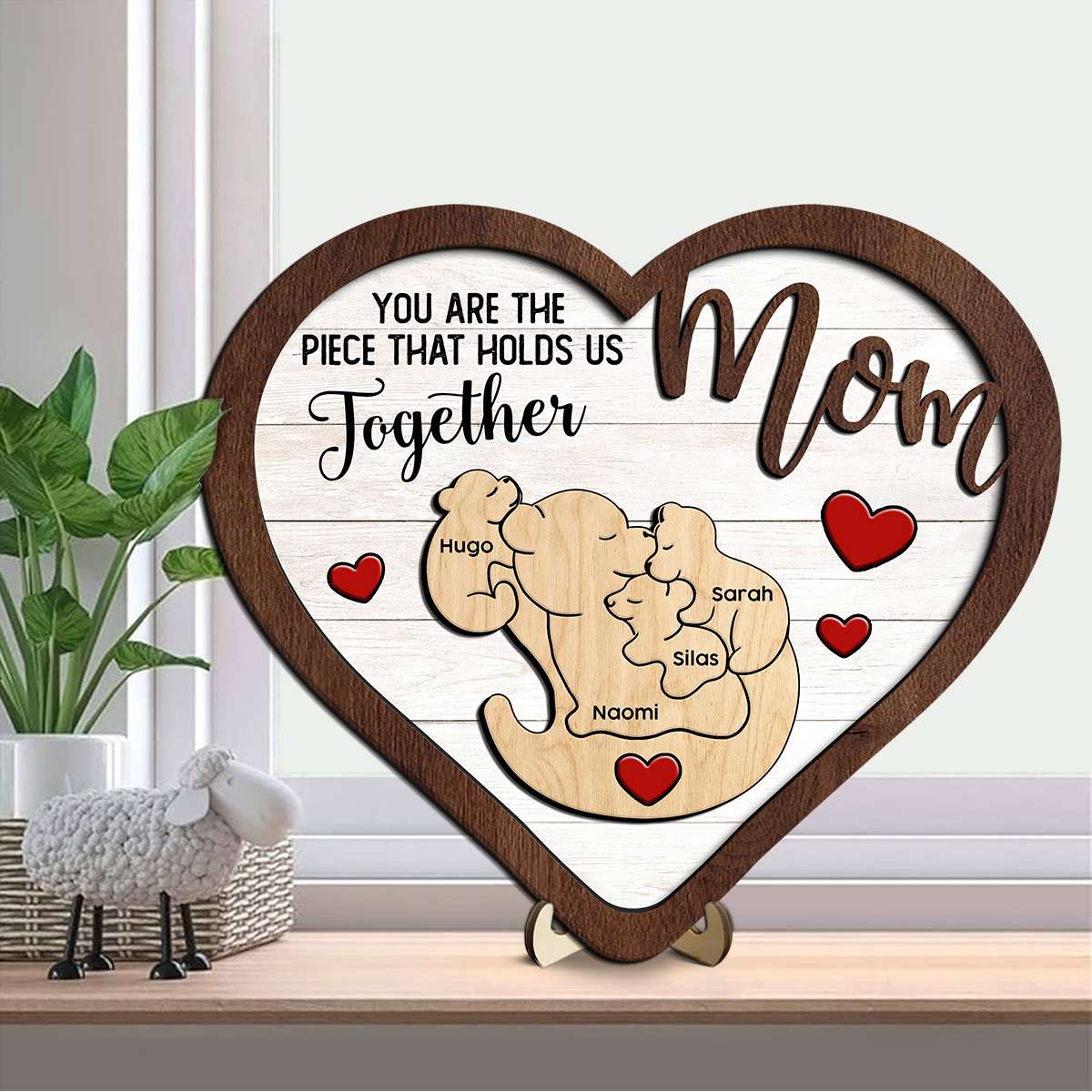 Personalized Heart-Shaped Wooden Sign Custom Names with 3D Bear Family Design