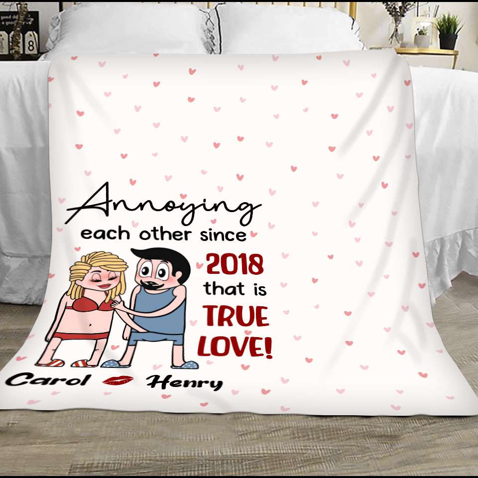 Annoying Each Other - Personalized Couple Fleece Blanket Custom Funny Chibi
