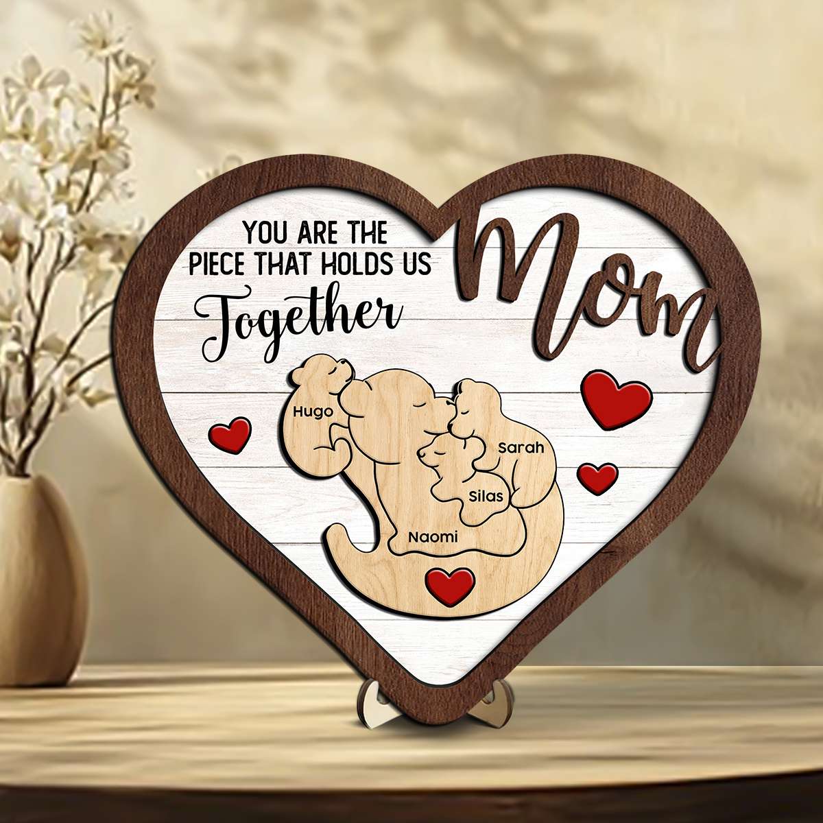 Personalized Heart-Shaped Wooden Sign Custom Names with 3D Bear Family Design