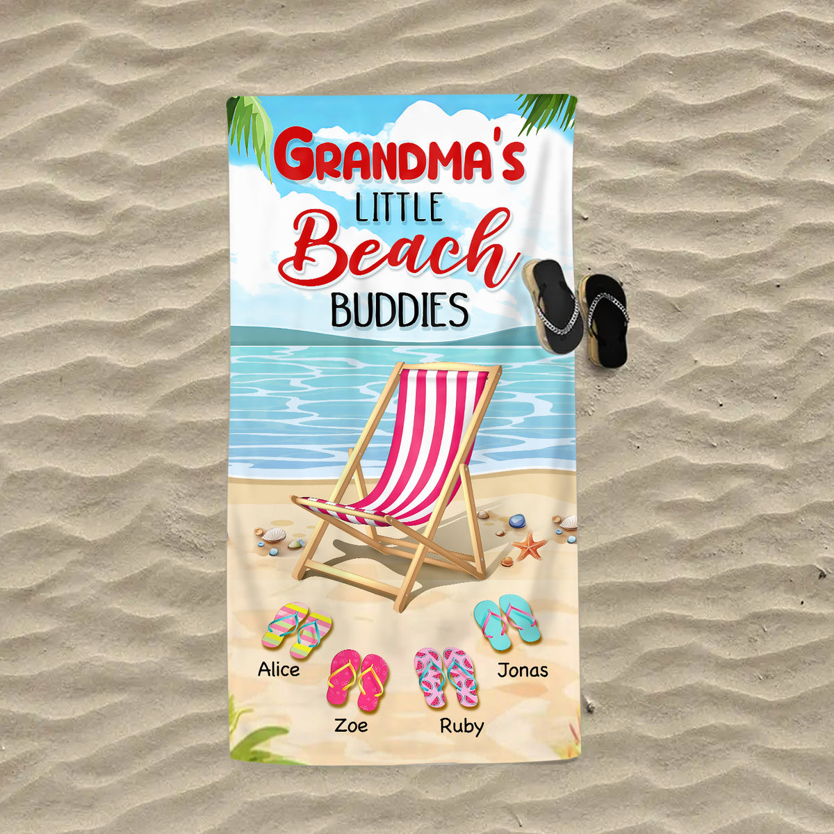Grandma’s Little Beach Buddies - Personalized Gift for Grandma Flip Flops Summer Vacation Beach Towel
