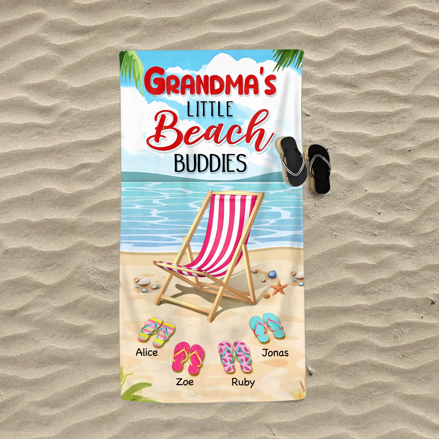 Grandma’s Little Beach Buddies - Personalized Gift for Grandma Flip Flops Summer Vacation Beach Towel