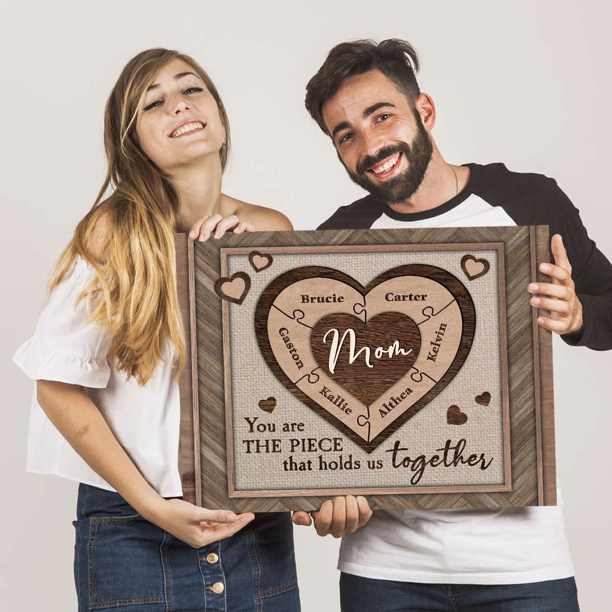 The Piece That Holds Us Together - Custom Names Heart Puzzle Personalized Canvas Gifts For Mother