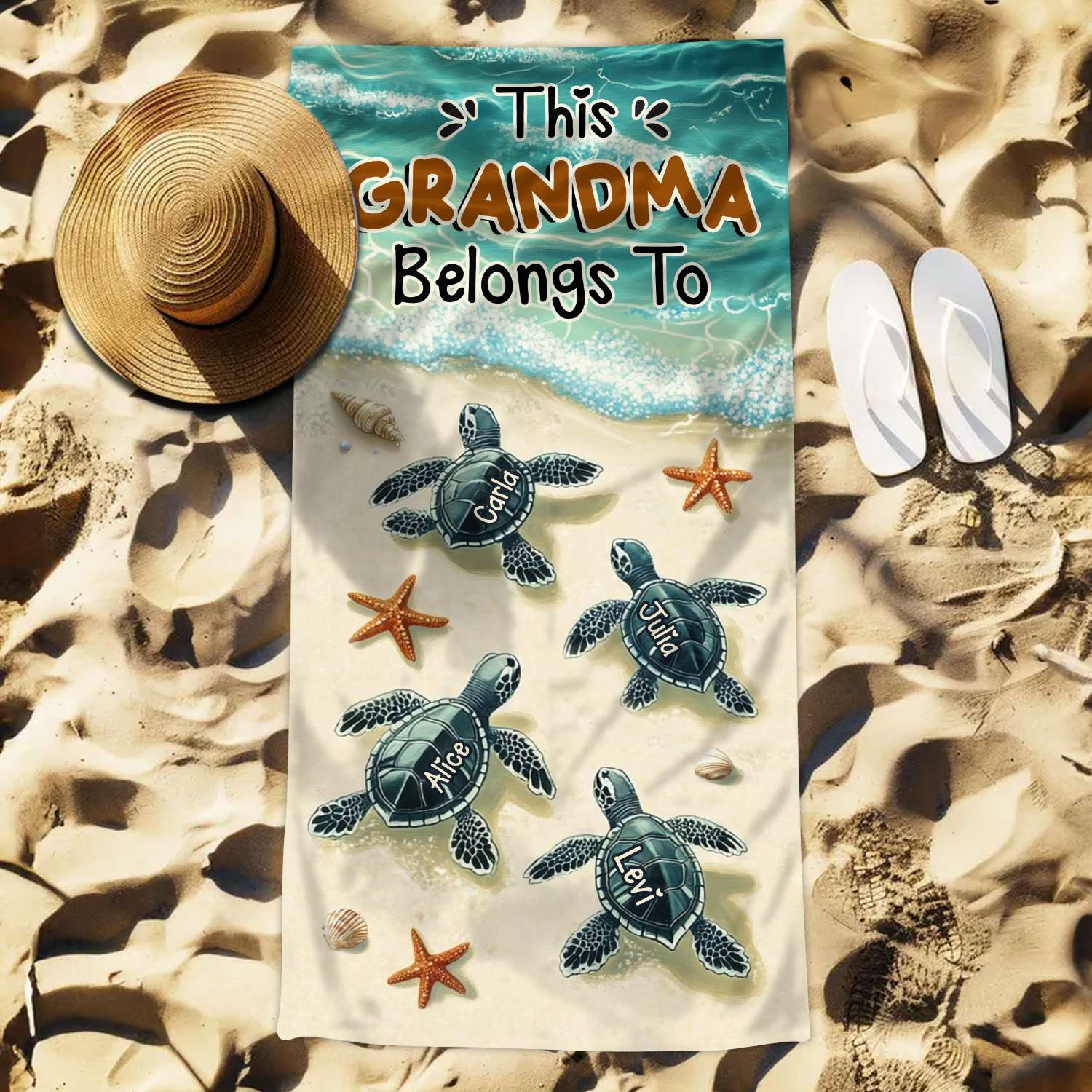 This Grandma Belongs To - Sea Turtle Family Personalized Beach Towel Gifts For Grandma