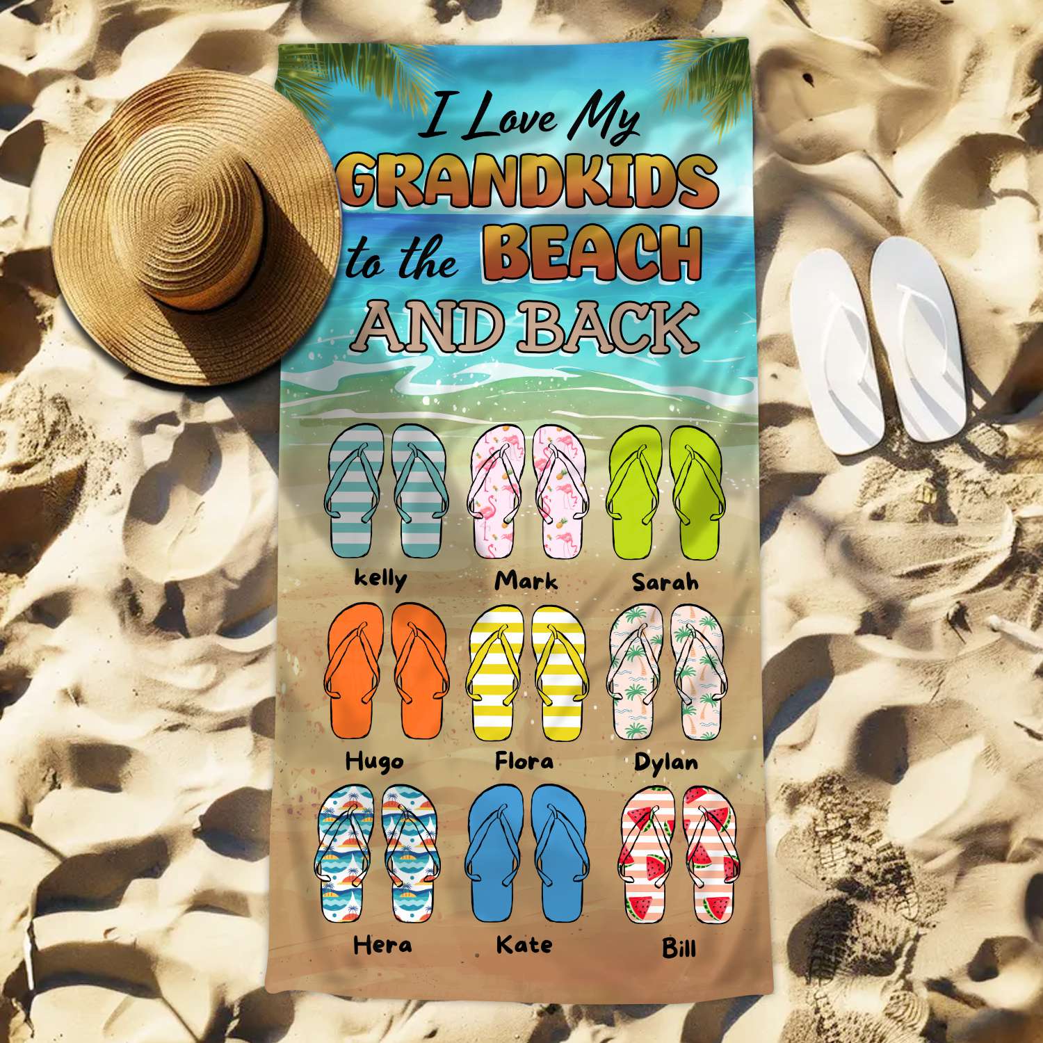 Love My Grandkids To the Beach and Back - Personalized Flip-Flops Beach Towel Gifts For Grandma