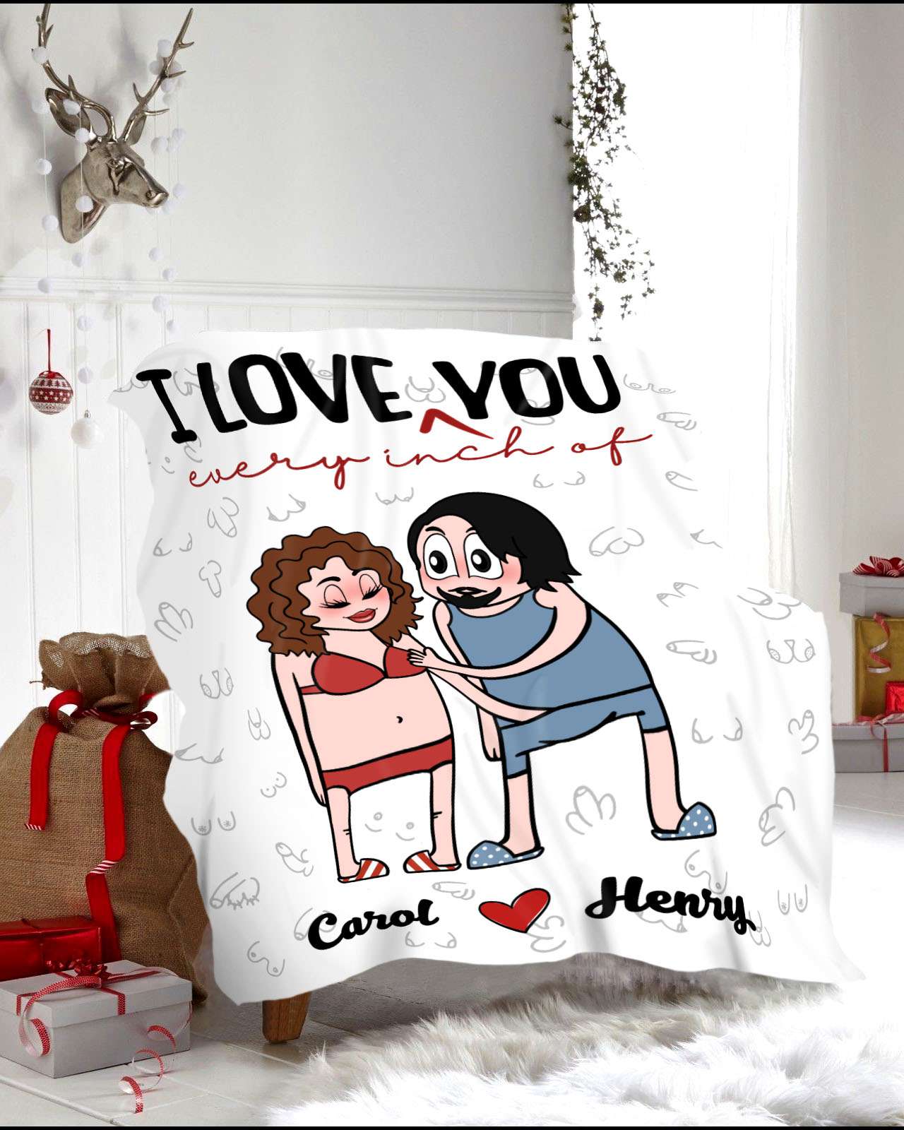 I Love Every Inch Of You - Cheeky Romance Personalized Couple Fleece Blanket