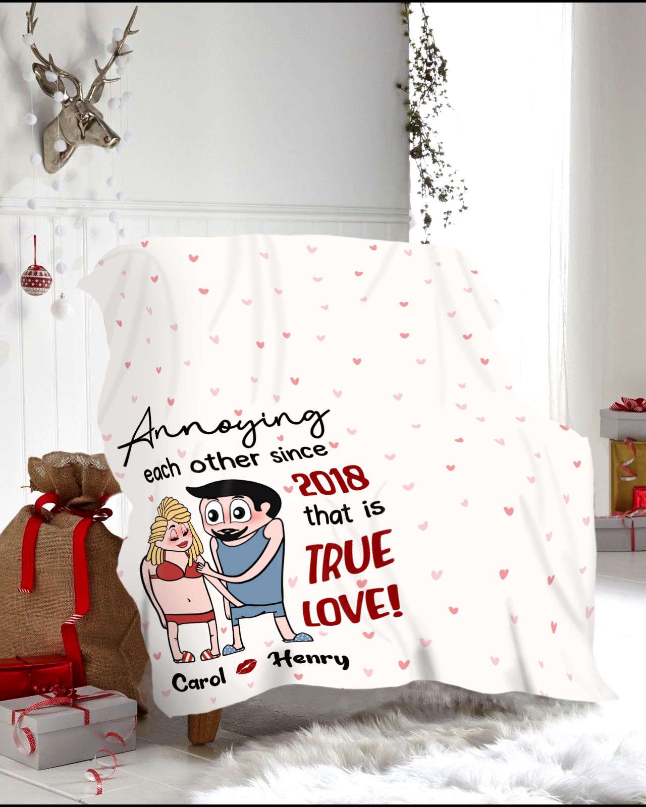 Annoying Each Other - Personalized Couple Fleece Blanket Custom Funny Chibi