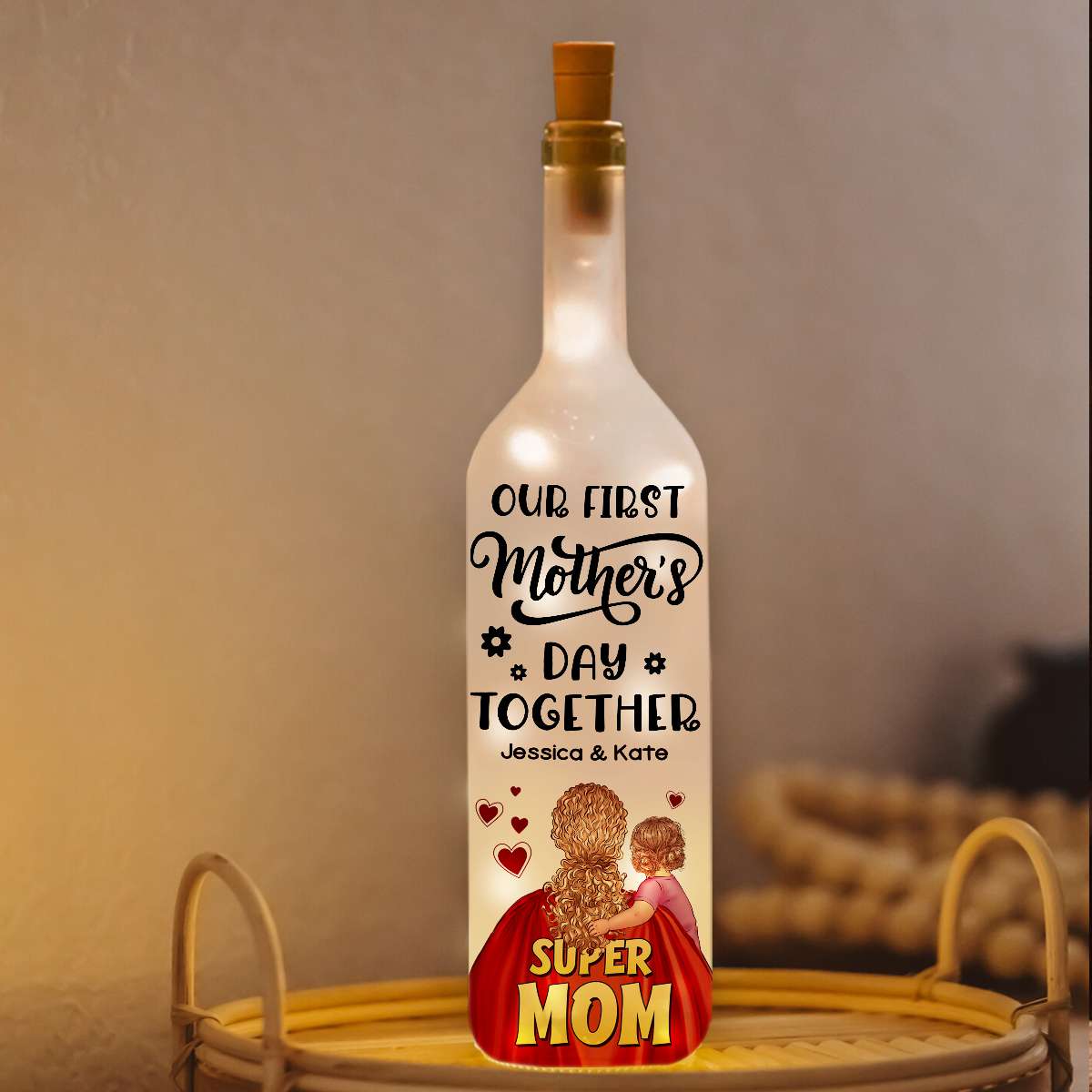 Super Mom Personalized Bottle Lamp - Custom Mother & Child with Names First Mother's Day Gifts