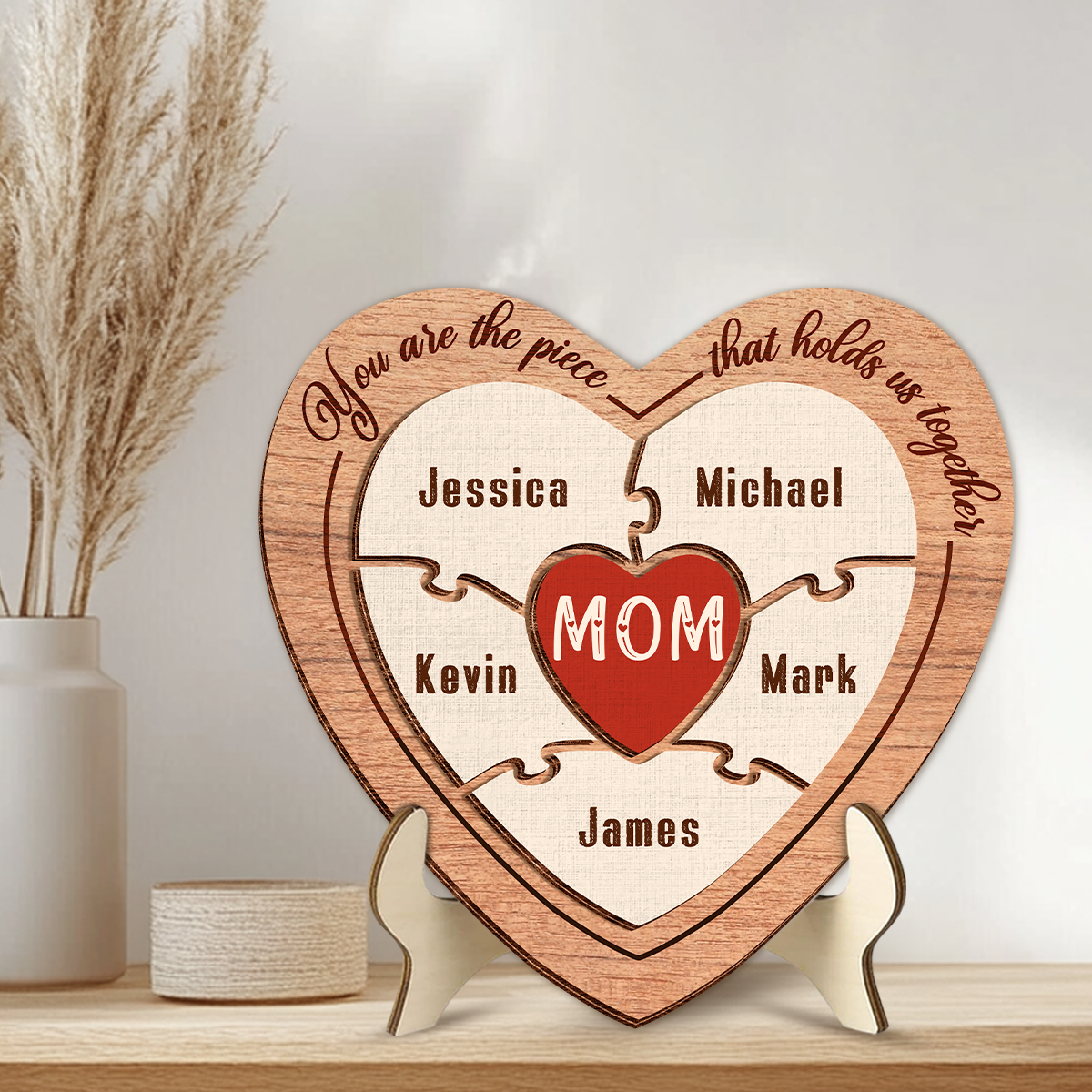 Personalized Gift for Mother’s Day Heart Puzzle Custom Names Wooden Plaque