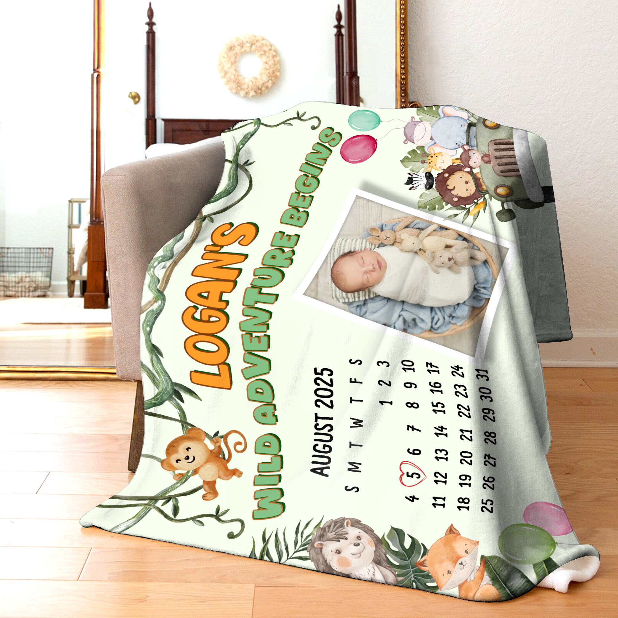 Wild Adventure Begins - Personalized Gift for Baby Safari Theme Custom Name And Date Fleece Blanket