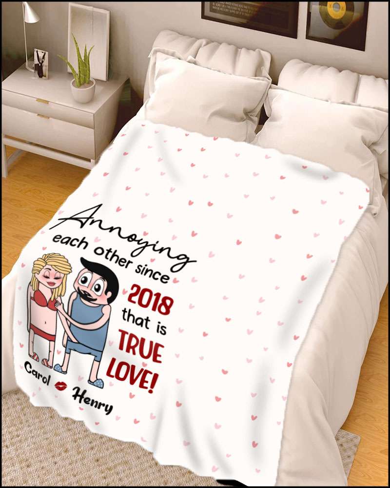 Annoying Each Other - Personalized Couple Fleece Blanket Custom Funny Chibi